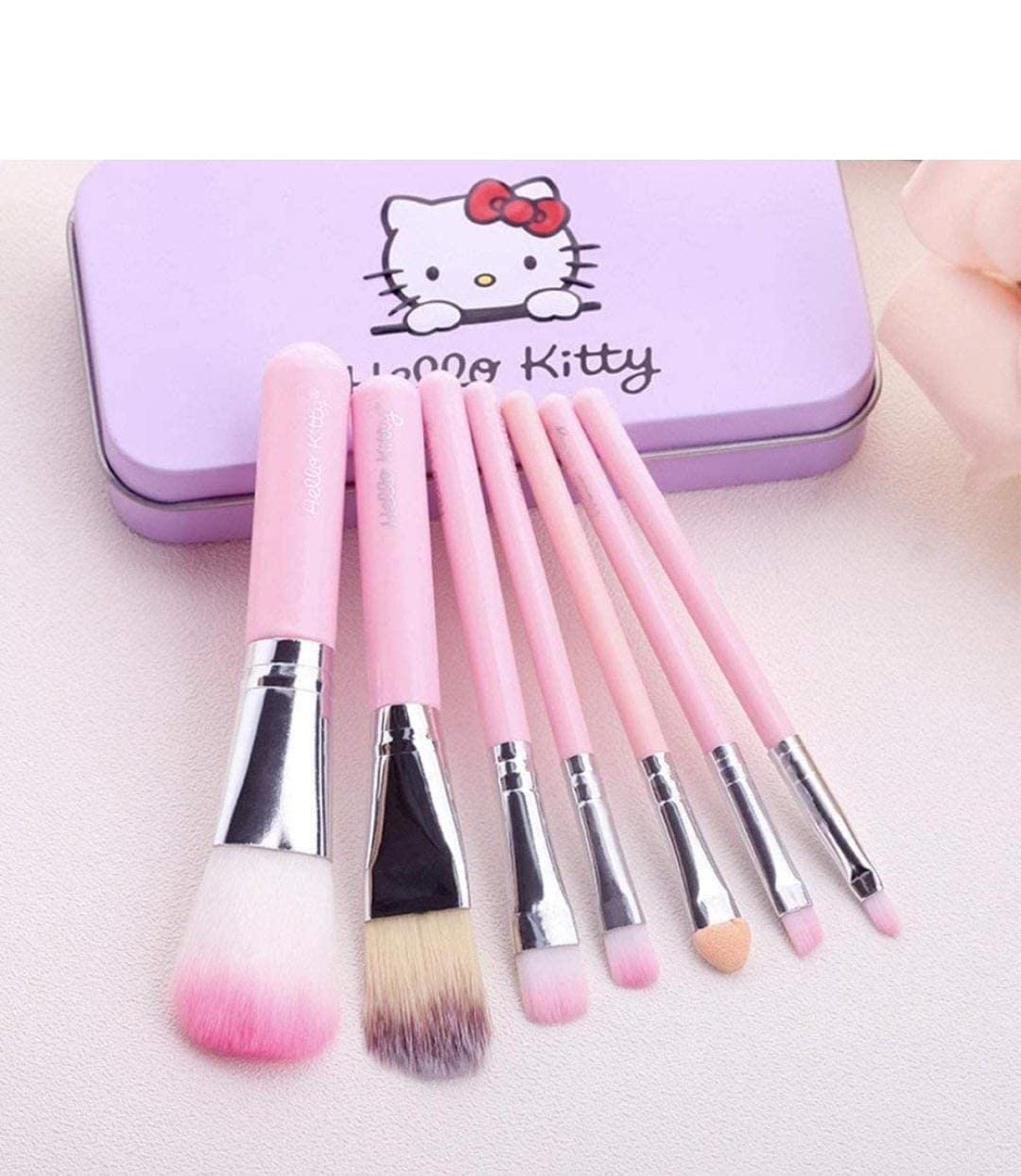 Hello Kitty Mini Makeup Brush Set - 7 Piece Soft Bristle Blending Brushes with Cute Storage Box | Perfect for Travel, Home & Professional Makeup Application (Pink)