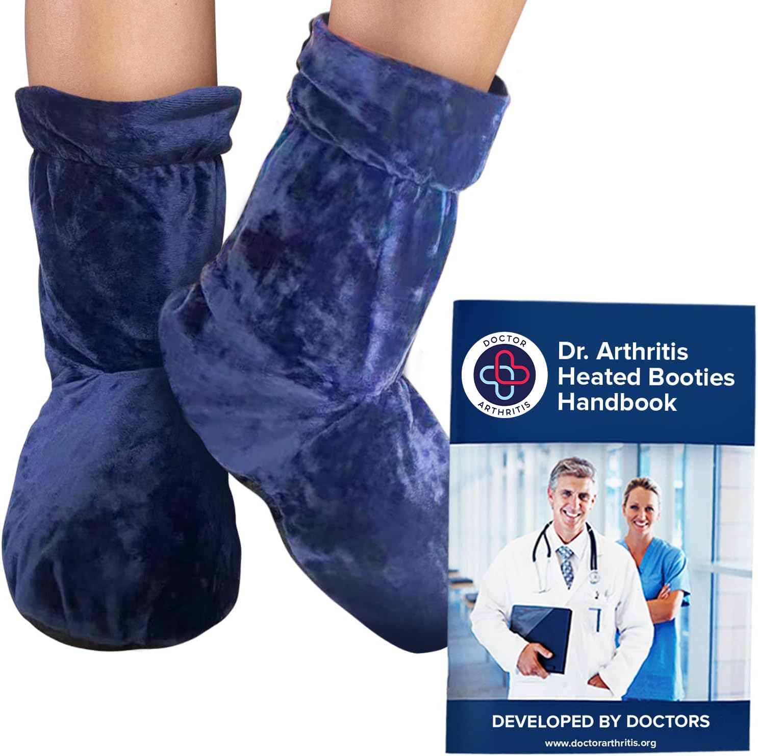 Doctor Developed Heated Booties Foot Warmers for Women & Men - Microwaveable Heating Therapy Socks with Heating Pad & Guidebook (Blue) - Perfect for Arthritis Relief, Cold Weather & Indoor Comfort