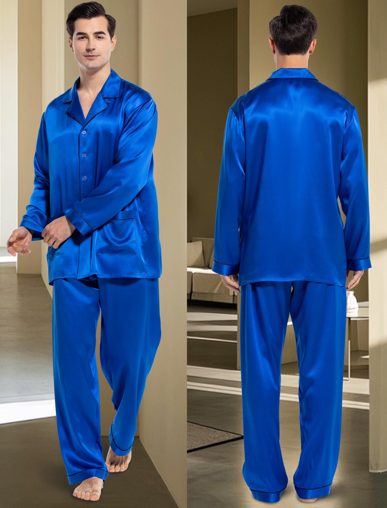Luxury Men's Silk Pajamas Set - 2PC Long Sleeve Button Down Sleepwear for Men | Soft & Breathable Silk Pajama Set | Perfect for Relaxing at Home, Lounging & Gift Giving