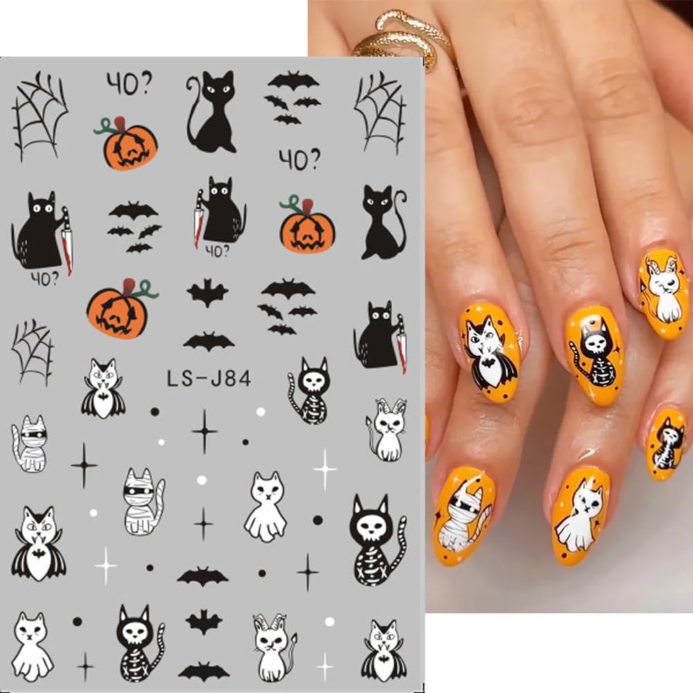3D Halloween Nail Stickers - Self-Adhesive Pink Ghost, Skull, Pumpkin & Spider Web Designs - DIY Nail Art Decals for Women & Kids - 6 Sheets - Perfect for Halloween Parties, Costume Nails & Spooky Nail Art