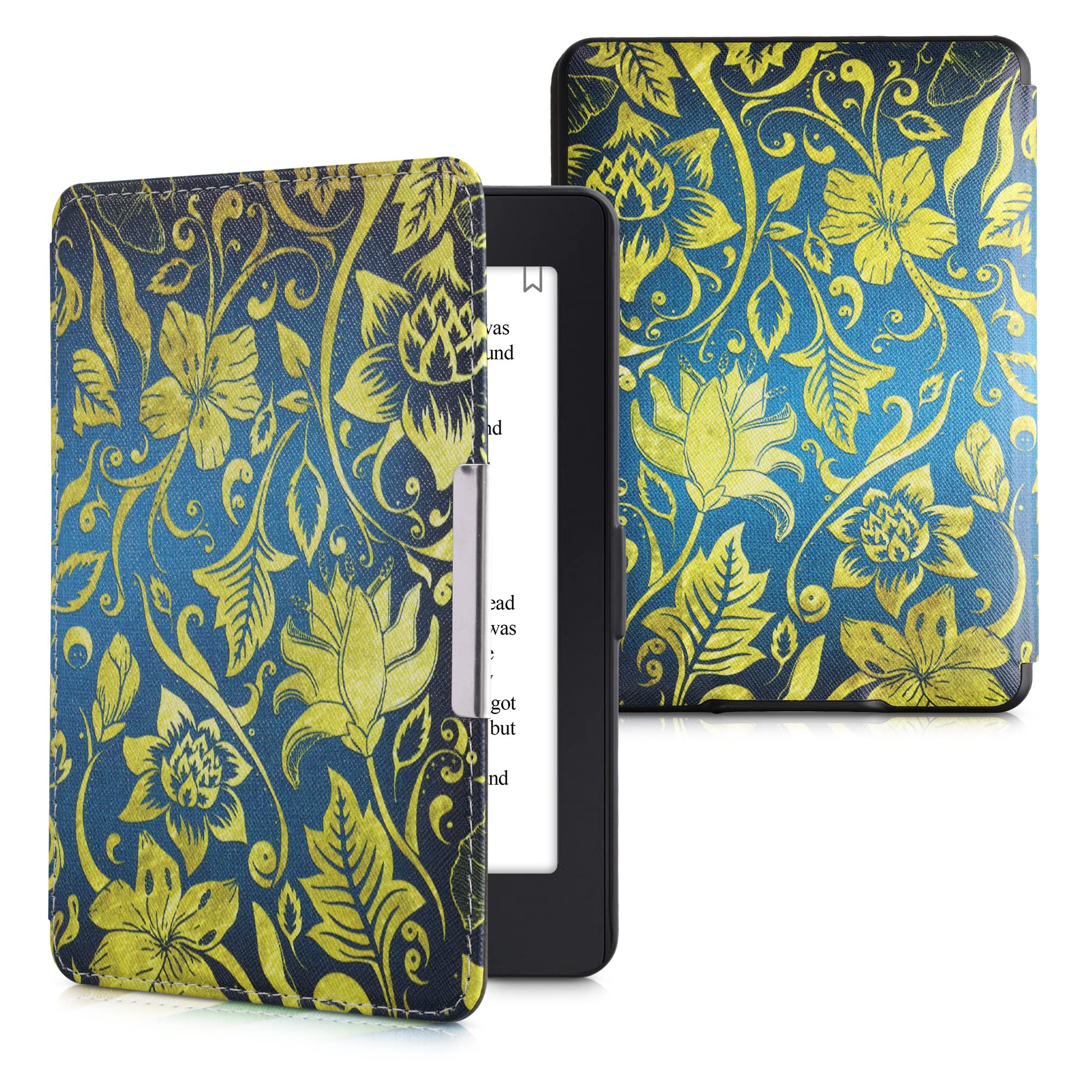kwmobile Vintage Floral Kindle Paperwhite Case - Premium eReader Cover in Gold, Yellow, Blue & Dark Blue | Protective Case for Amazon Kindle Paperwhite (10th & 11th Gen) - Perfect for Reading, Travel & Daily Use