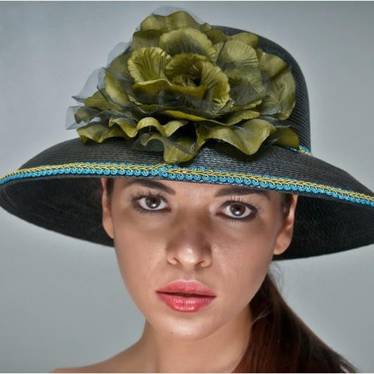 NA1013 Stylish Black Sun Hat with Oversized Floral Decoration - Perfect for Beach Vacations, Summer Outings, and Outdoor Events