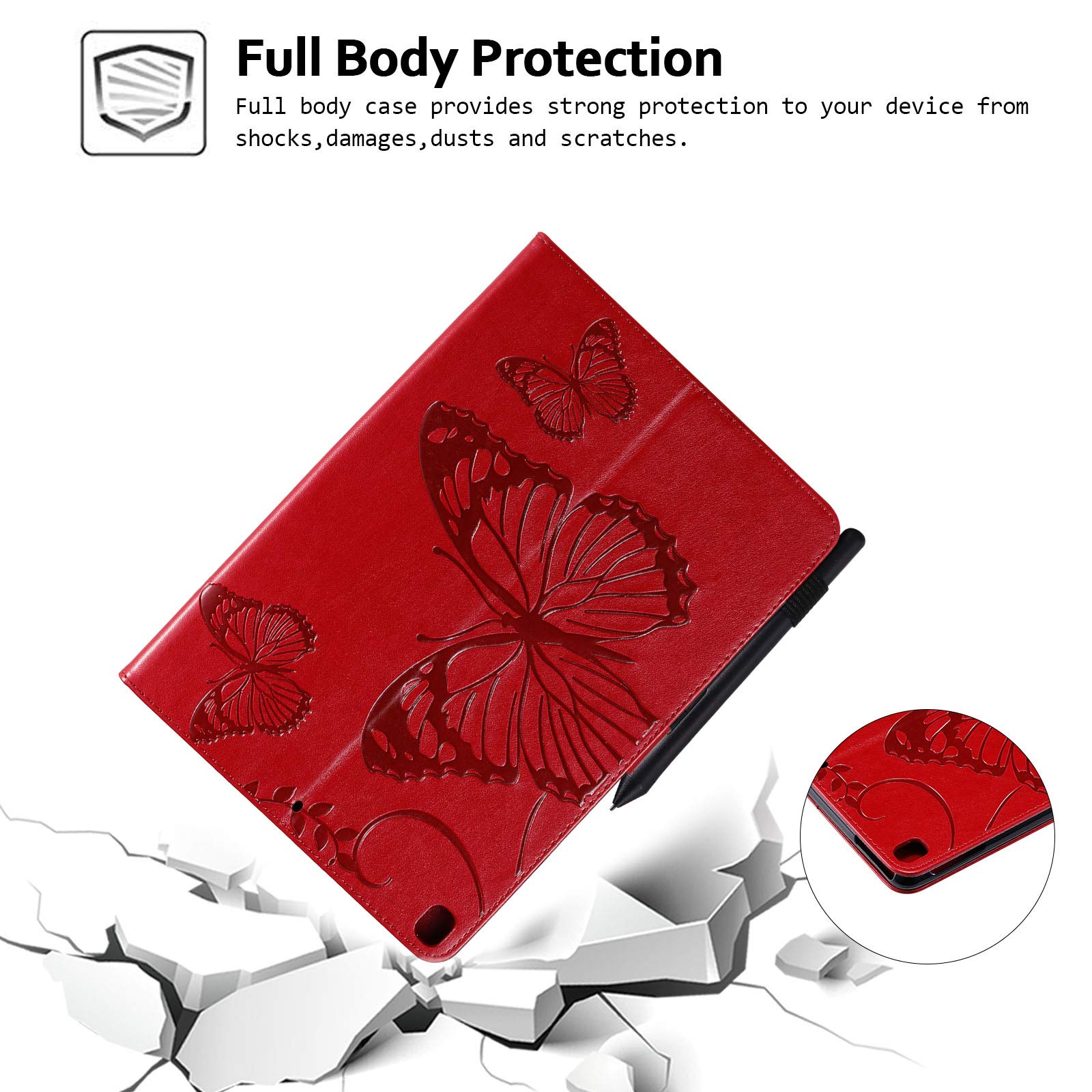 Premium Magnetic Leather Case for iPad 10.2 (9th/8th/7th Gen) & iPad Air 10.5 - Techcircle Butterfly Embossed Folio Cover with Auto Sleep/Wake | Wallet Stand & Protective Case (Red) - Perfect for Work, Travel & Daily Use