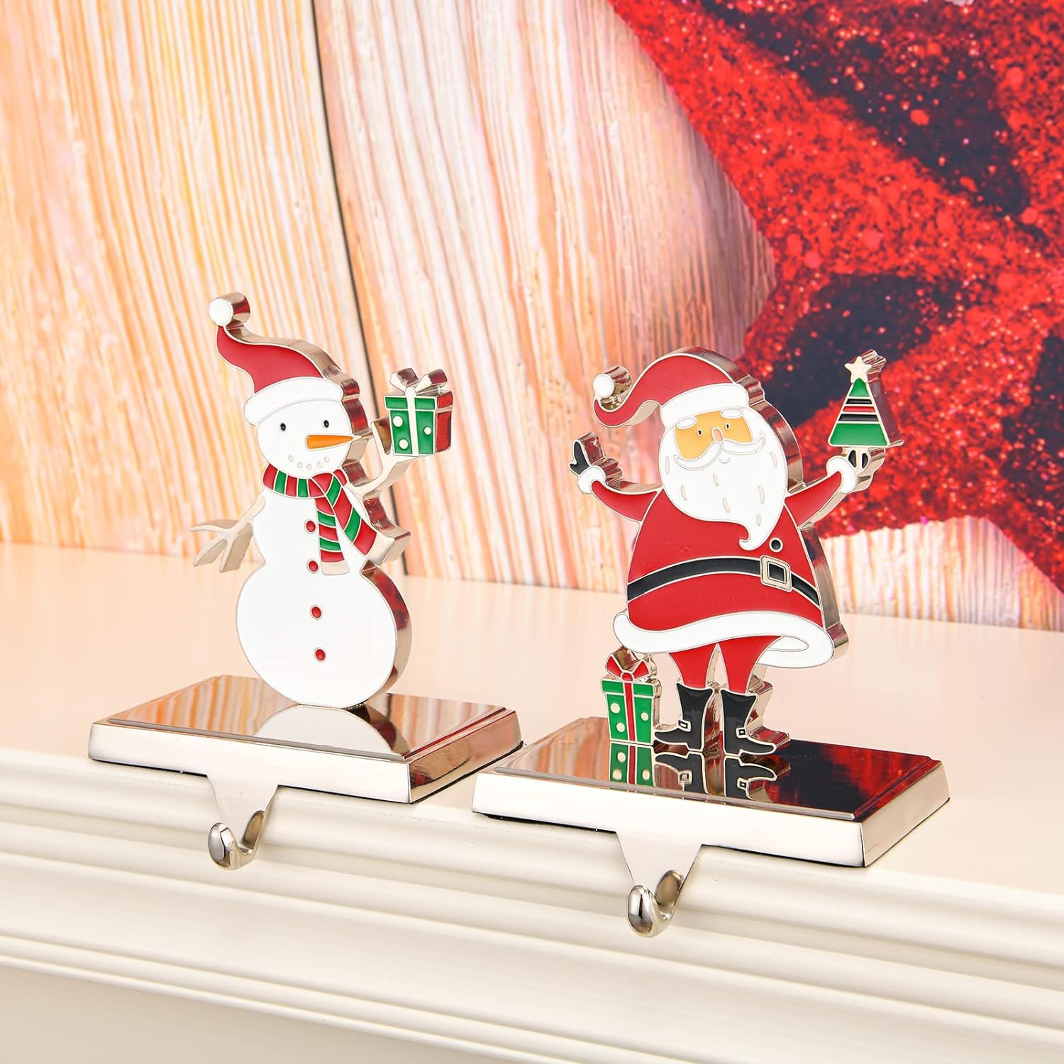 Reindeer & Snowman Christmas Tree Stocking Holders - 4 Pack Fireplace Mantle Hooks for Stockings - Durable Santa Claus Ornament Hangers - Perfect for Holiday Home Decor & Fireplace Mantel Decoration