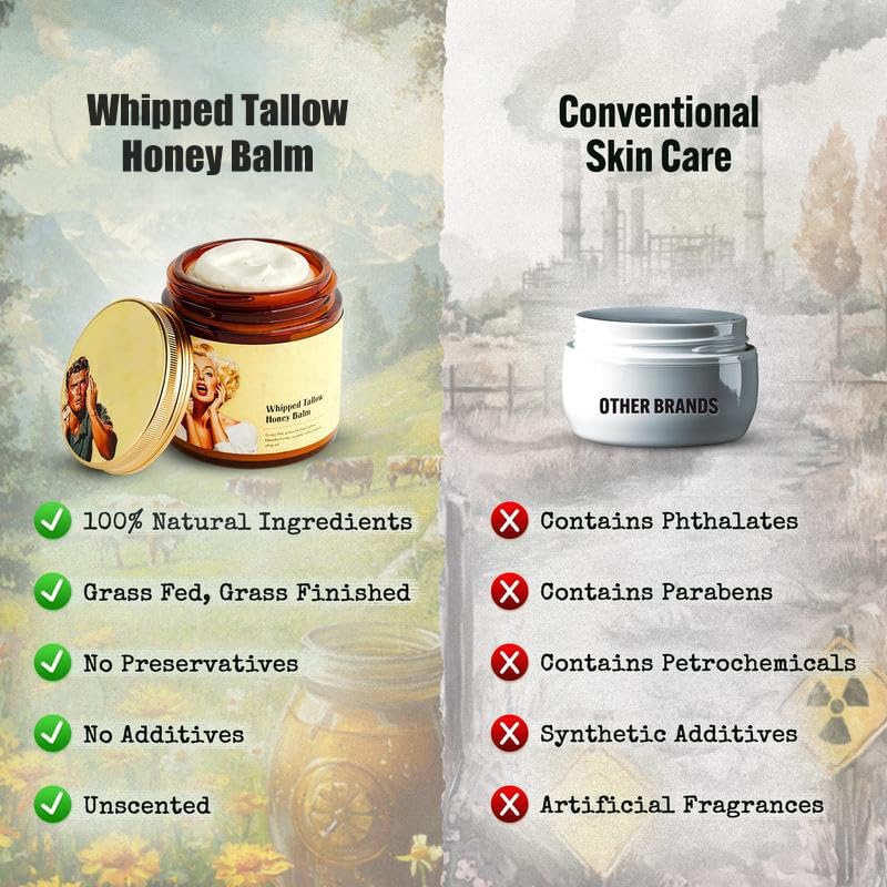 Organic Whipped Beef Tallow & Manuka Honey Face Cream - Hydrating Moisturizer for Dry Skin, Body Lotion & Lip Balm - Natural Skincare for Face, Hands & Lips - Perfect for Night Routine & Winter Care