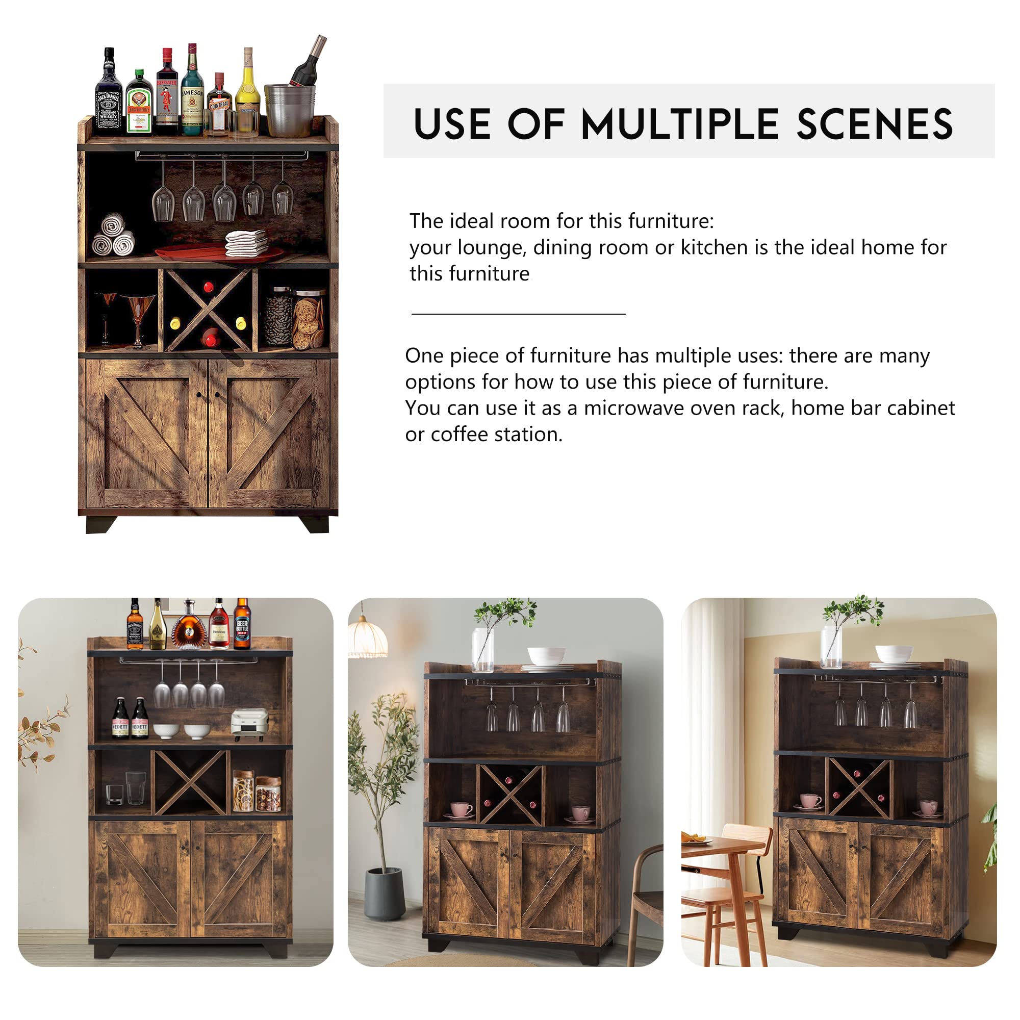 PayLessHere Solid Oak Home Bar Cabinet with Removable Wine Rack & 2 Open Shelves - Perfect for Kitchen, Dining Room or Lounge Storage