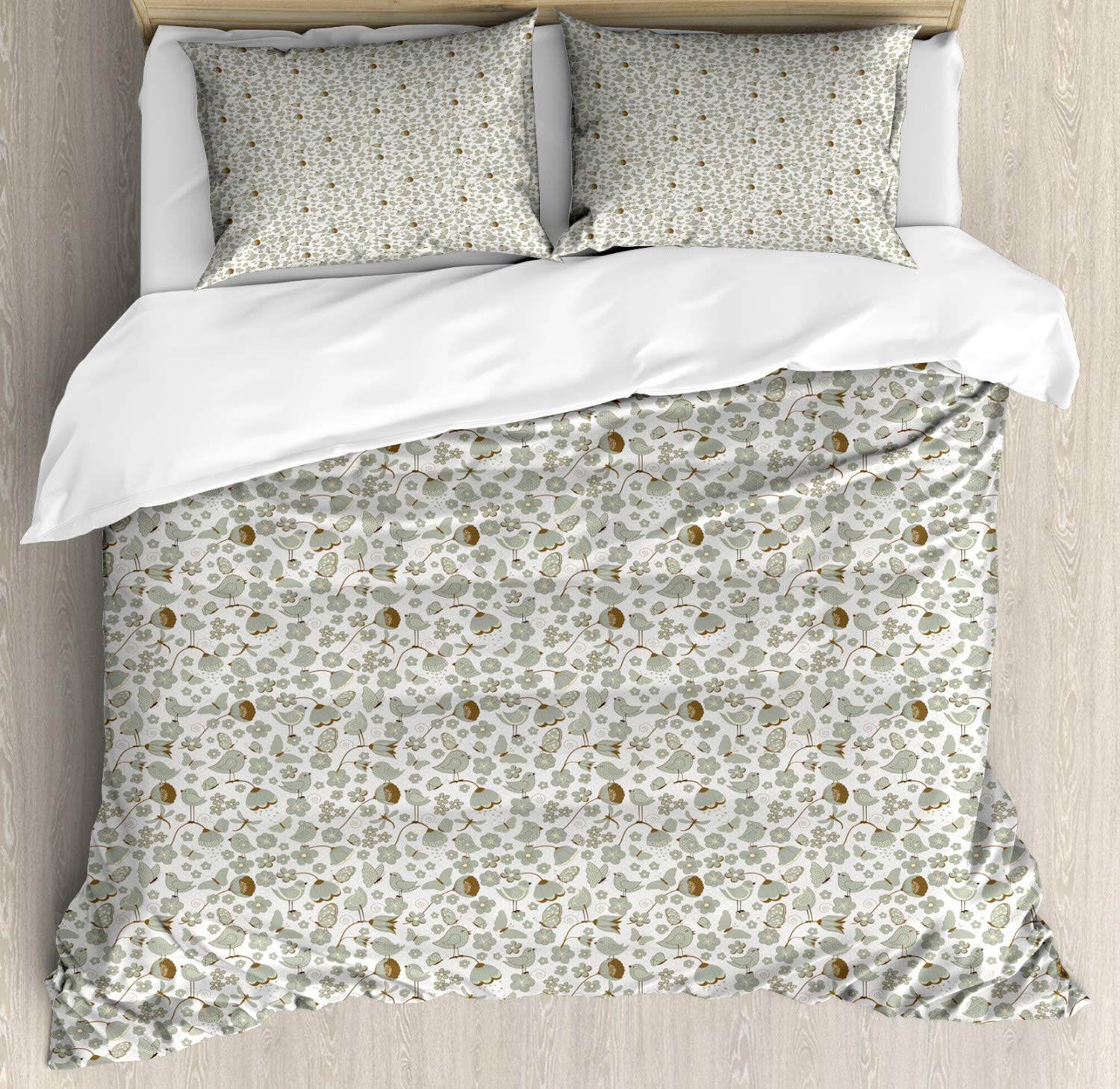 Ambesonne Birds Duvet Cover Set - Summer Themed Spotted Butterflies & Birds on Polka Dot Background | 2 Duvet Covers & 4 Pillowcases | 2-Pack California King Size | Pale Sage Green & Grey | Perfect for Bedroom Decor, Guest Room, and Seasonal Home Refresh
