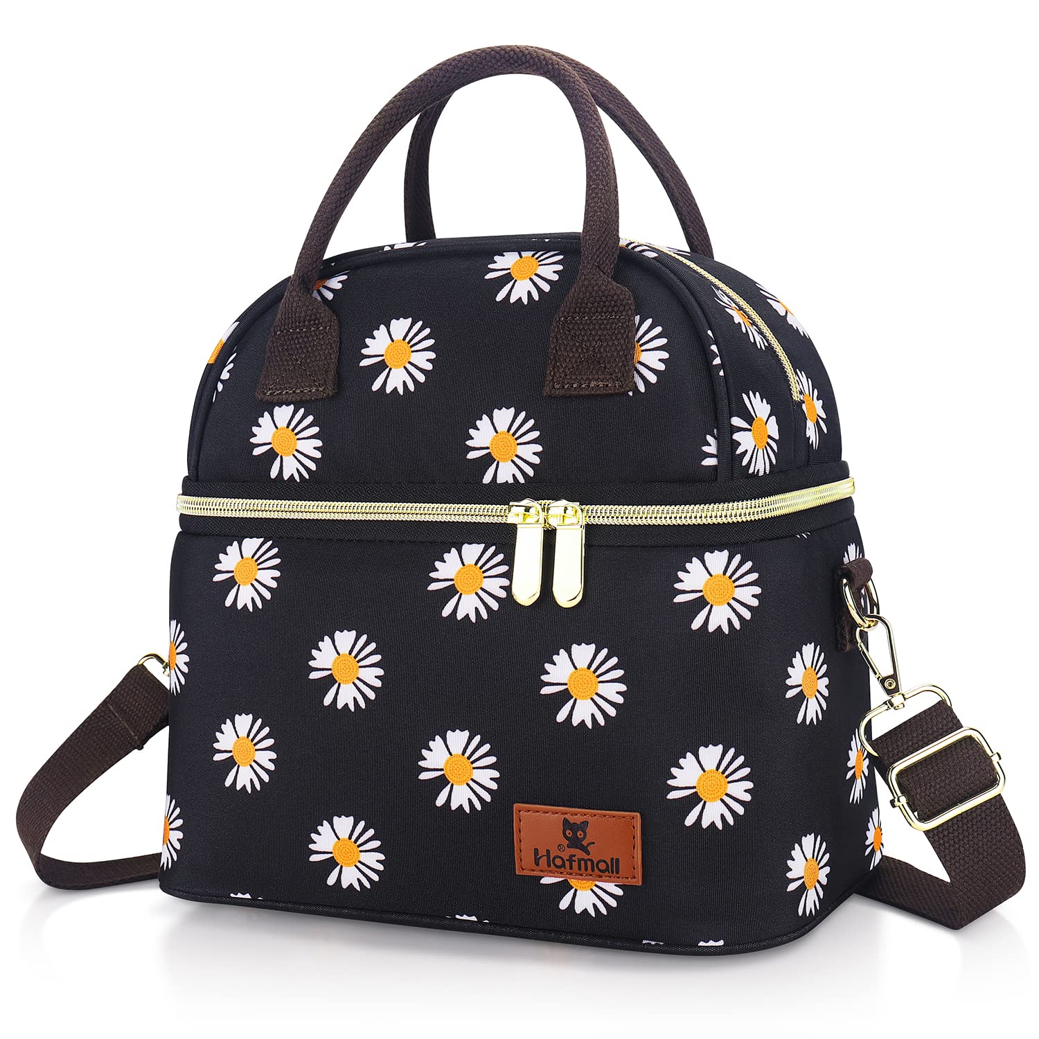 Hafmall Insulated Lunch Bag for Women - Leakproof Dual Compartment Lunch Tote with Adjustable Shoulder Strap - Reusable Thermal Lunch Box for Office, School, Picnic - Black & Daisy Floral Design
