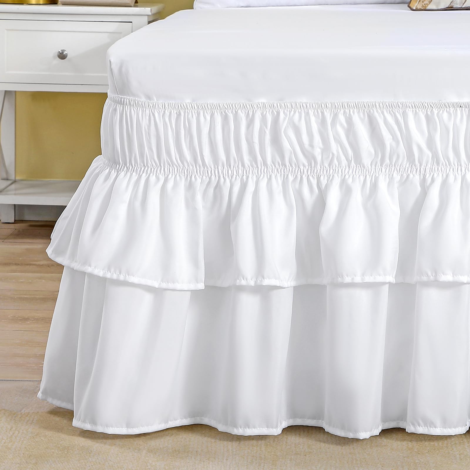 RIMELA 16 Inch Drop White Queen Ruffle Bed Skirt - Elastic Wrap Around Bed Skirting for Queen Size Beds, Easy to Install Dust Ruffle with Machine Washable Soft Fabric - Perfect for Master Bedrooms, Guest Rooms & Home Decor