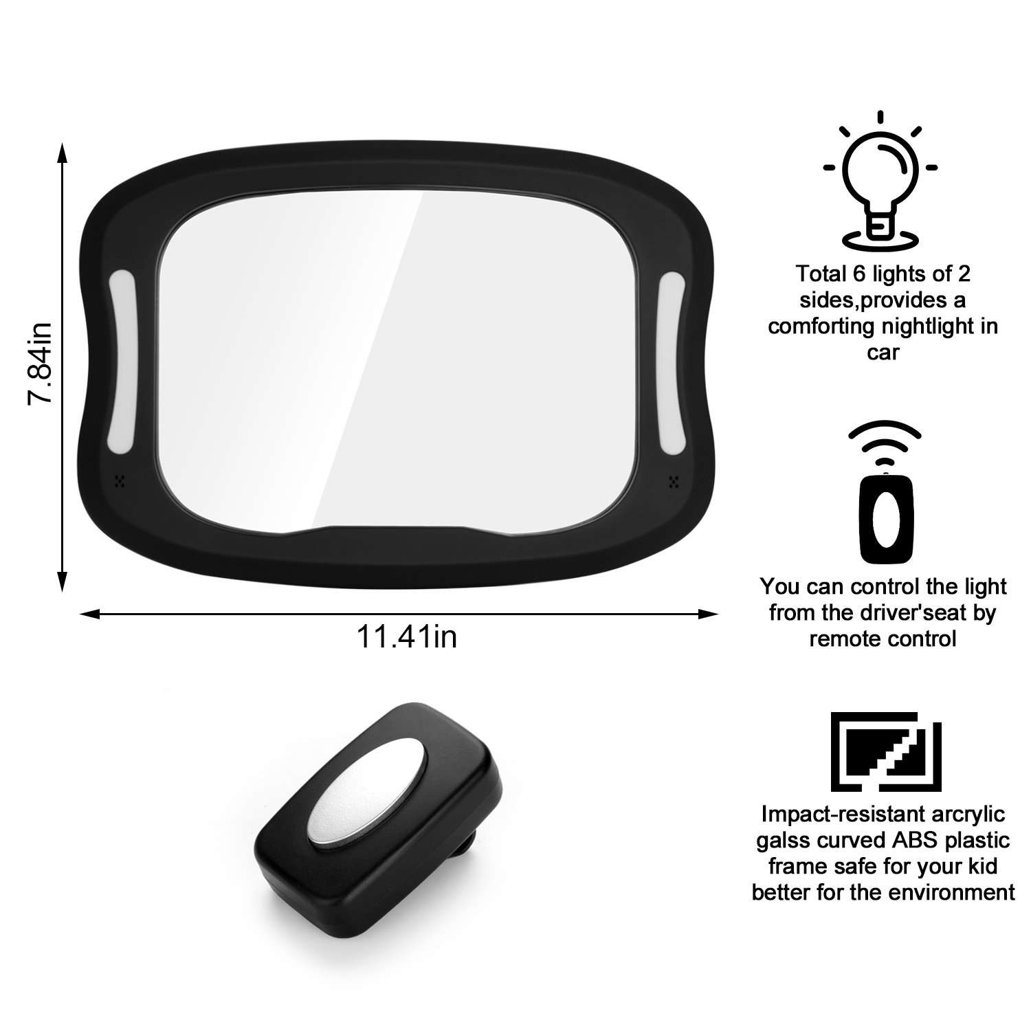 FITNATE LED Baby Car Mirror - 360° Adjustable Rear-Facing Infant Safety Mirror with Remote Control, 4 Sturdy Straps & 2 Sun Visors for Newborns | Backseat Monitoring Solution for Parents on the Go