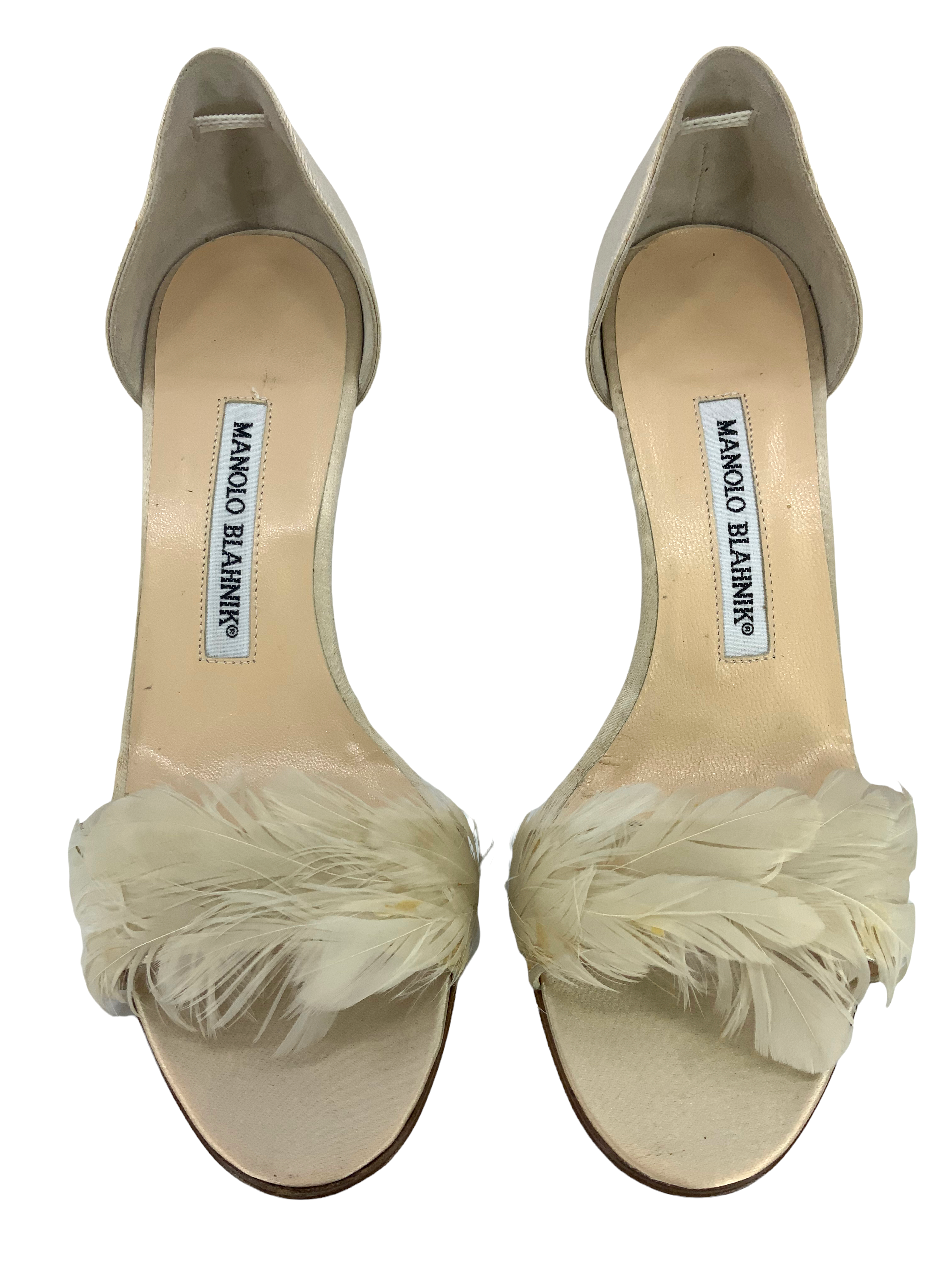 Manolo Blahnik Catalina 90 Satin Feather Sandals Women's Size 5.5 - Luxury High Heel Party Shoes for Weddings & Evening Events