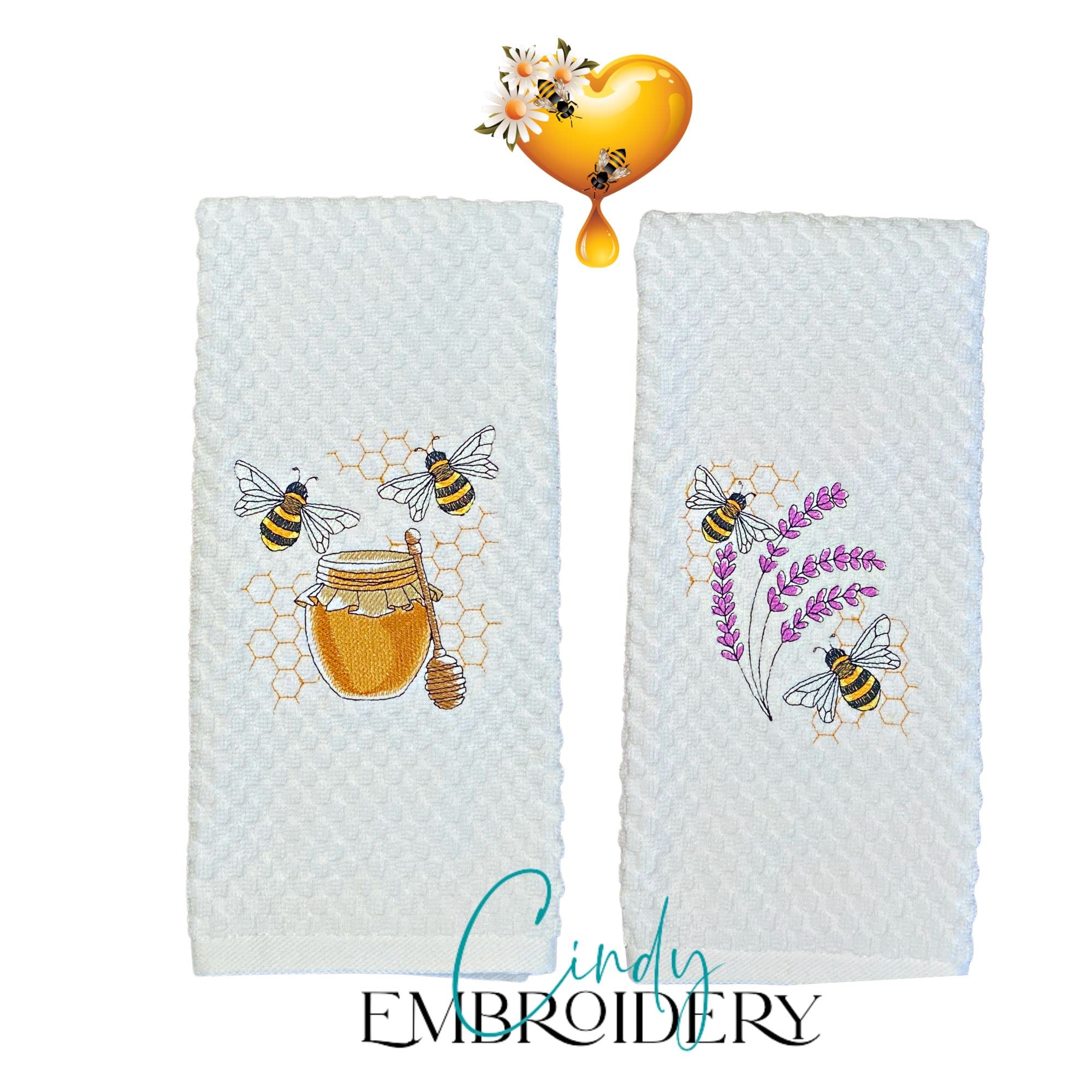 Embroidered Buzzy Bees Waffle Weave Cotton Kitchen Towels Set of 2 - Absorbent Dish Towels for Kitchen, Cafe & Home Decor - Perfect Housewarming Gift for Coffee Lovers & Bee Enthusiasts