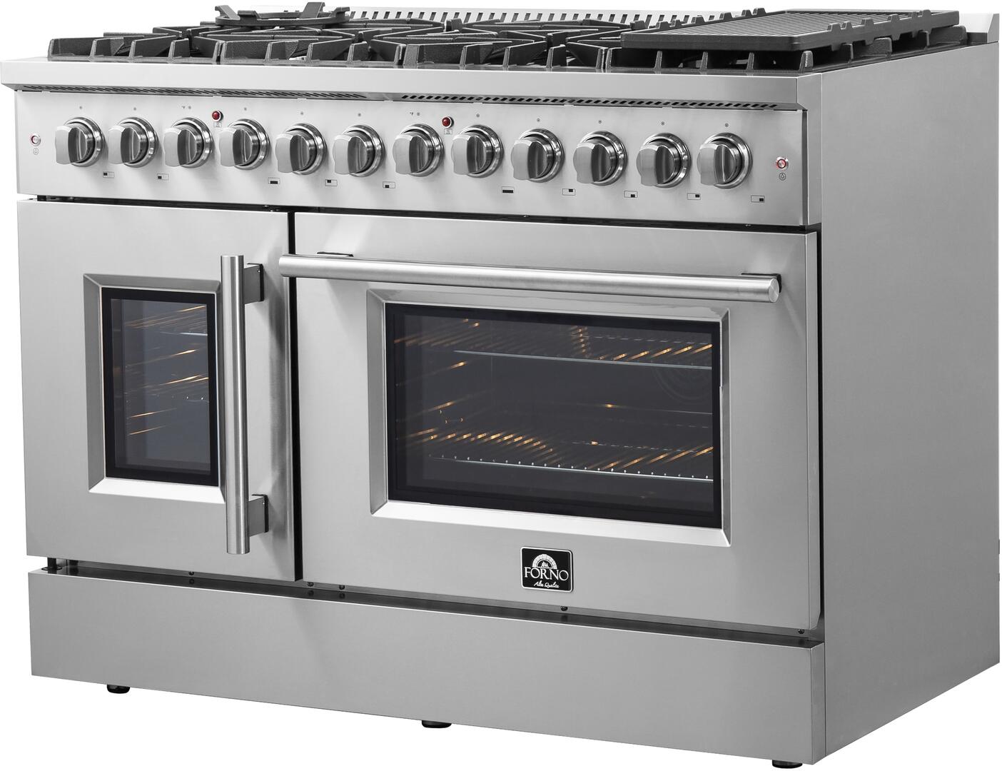 Forno Galiano 48-inch 6.58 cu. ft. Freestanding Dual Fuel Range - Gas Stove & Electric Oven in Stainless Steel (FFSGS6356) | Left Swing Door | Perfect for Modern Kitchens & Professional Cooking