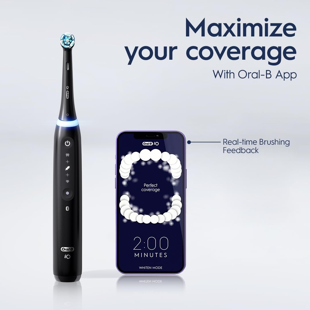 Oral-B iO Series 5 Rechargeable Electric Toothbrush with Smart Pressure Sensor, 2-Minute Timer & 5 Cleaning Modes - Includes 1 Brush Head & Travel Case (White) - Perfect for Home, Travel & Gentle Gum Care