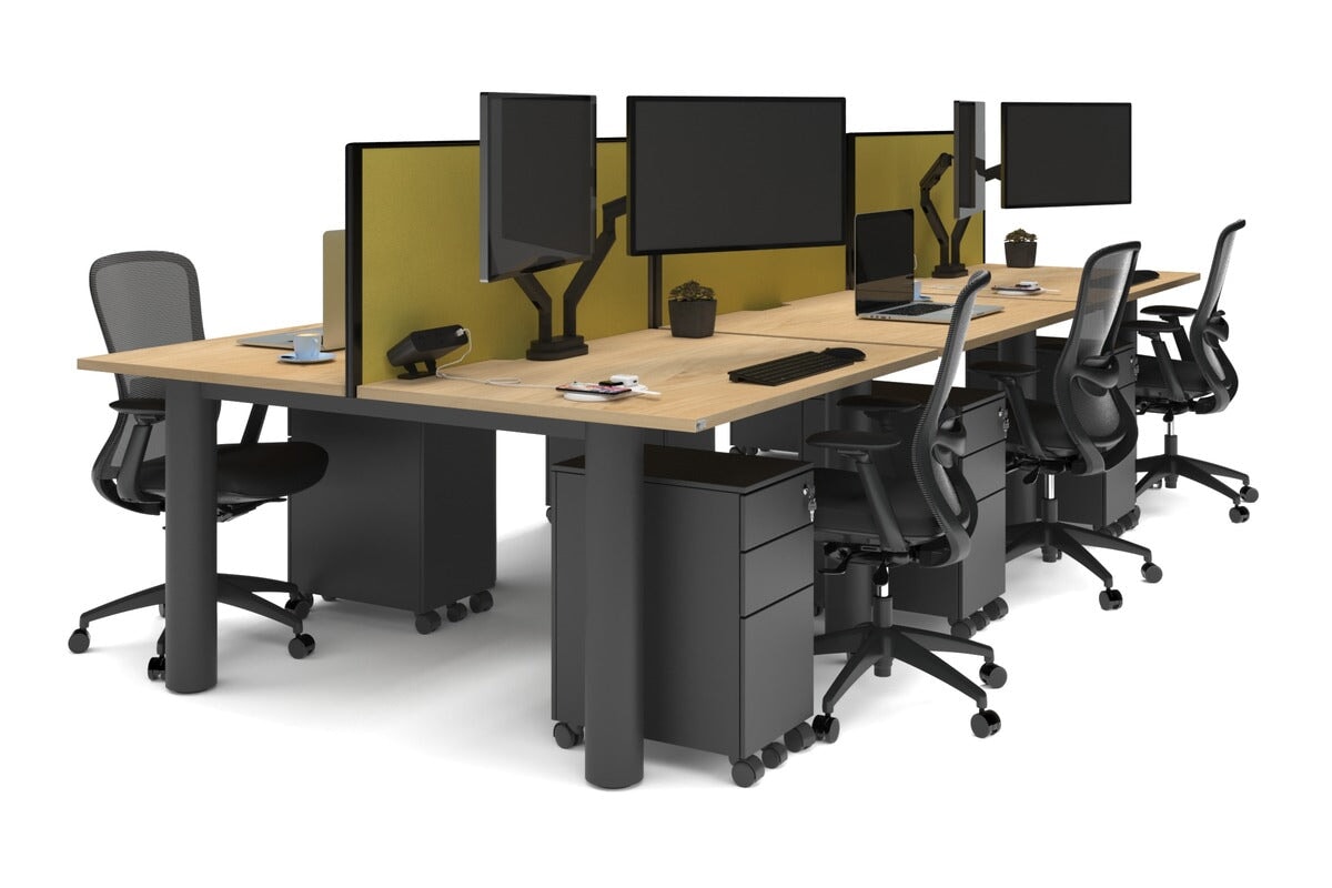Quadro Cylinder Leg 6-Person Office Workstation Desk - 1400L x 800W with Cable Management Scallop - Modern Open Office Layout, Team Collaboration Space, Shared Workspace Solution