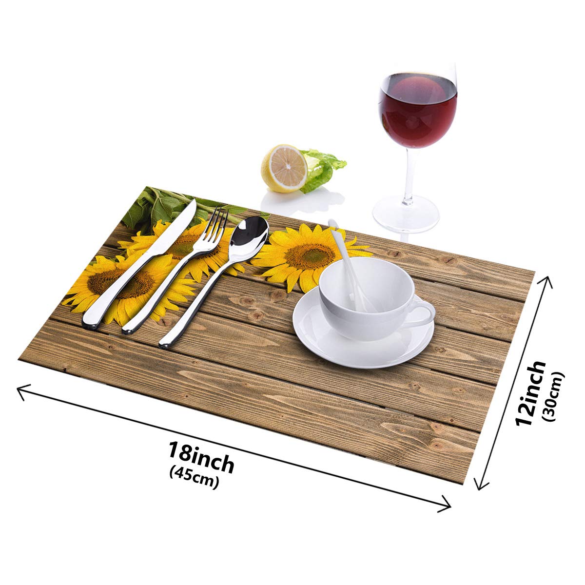 4-Pack Heat-Resistant Sunflower Placemats for Dining Table - 12x18 Inch Linen Table Mats with Wooden Plank Summer Garden Design - Perfect for Home Decor, Kitchen, Picnics & Outdoor Dining