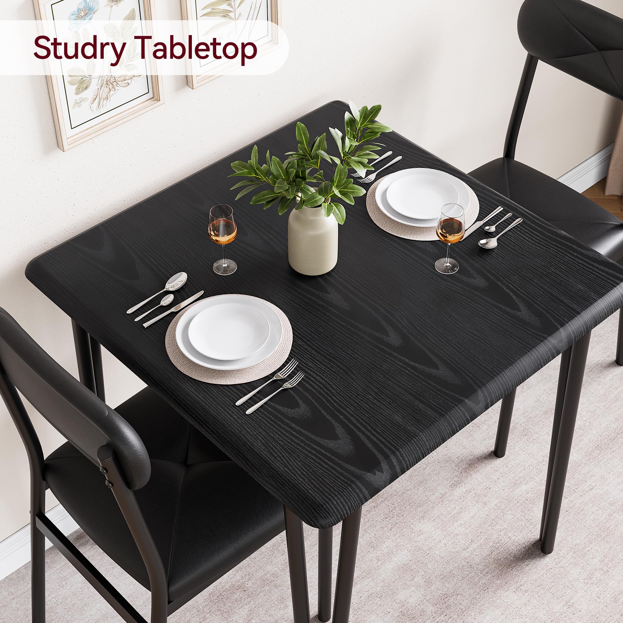 Modern Small Square Dining Table Set for 2 - Space Saving Wooden Kitchen Table with 2 Upholstered Chairs - Dark Finish Breakfast Nook Furniture for Small Apartments, Condos & Cozy Dining Spaces