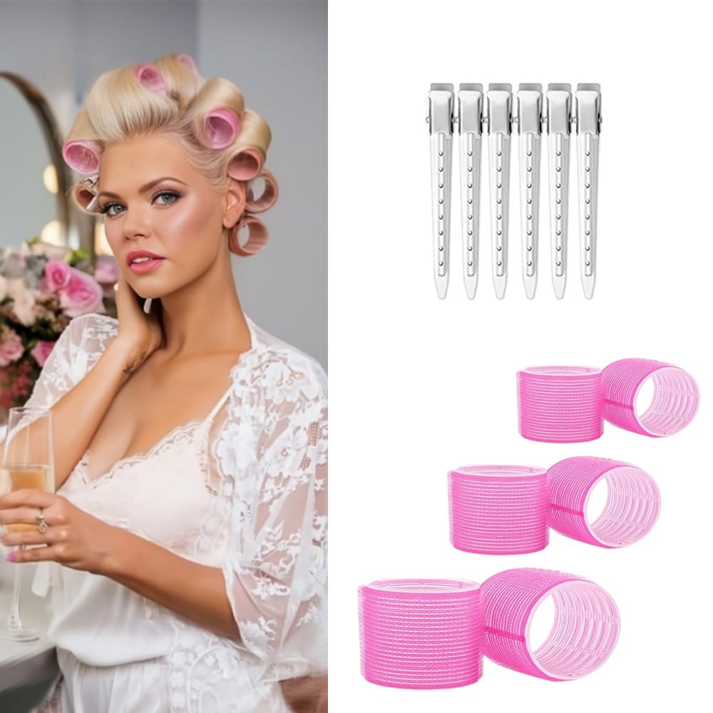 BLUSHIA Velcro Hair Rollers - 12Pcs Set (6 Jumbo Rollers + 6 Hair Clips) for Long & Medium Hair Volume - Heatless Curling & Styling for Salon-Quality Waves at Home