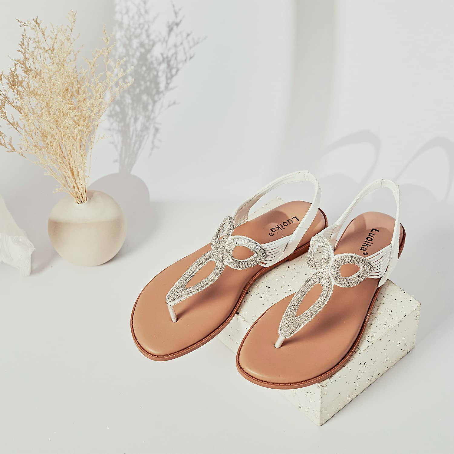 Luoika Women's Wide Width Flat Slides Sandals - Rhinestone Strappy Flip Flops Comfortable Summer Beach Shoes for Women | Perfect for Poolside, Vacation & Casual Outings