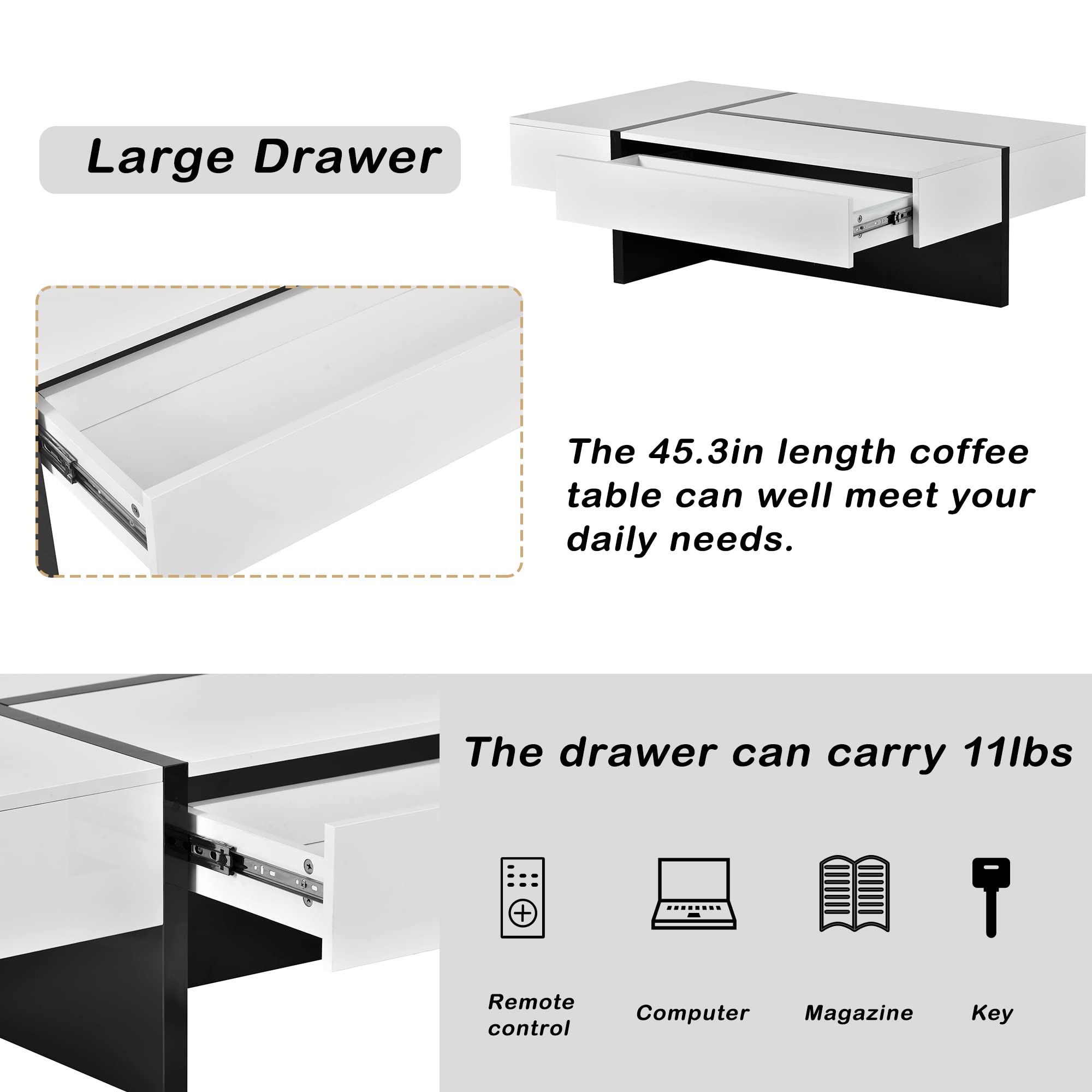 Polibi 45'' L Modern Rectangle Coffee Table with Large Storage Drawer - High Gloss White Cocktail Table for Living Room, Sofa Center Table - Perfect for Small Spaces, Entertaining Guests & Home Decor