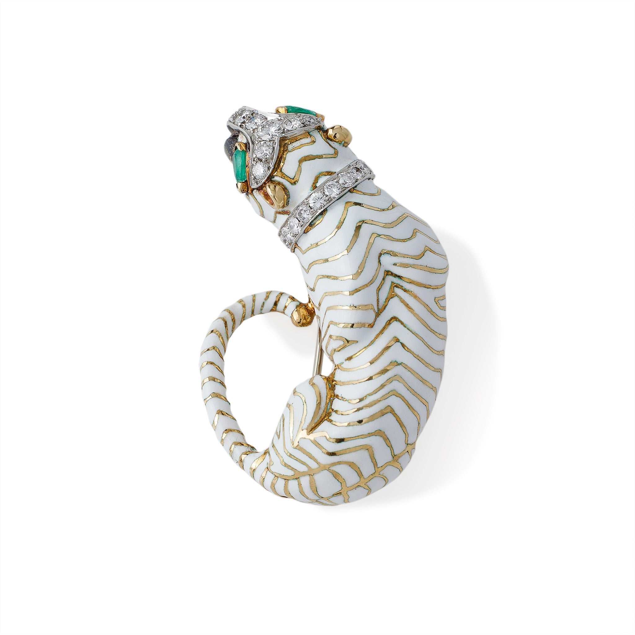 David Webb White Enamel Tiger Brooch - Elegant Animal Jewelry for Women, Luxury Tiger Pin for Blazers & Coats - Perfect for Parties, Weddings & Formal Events
