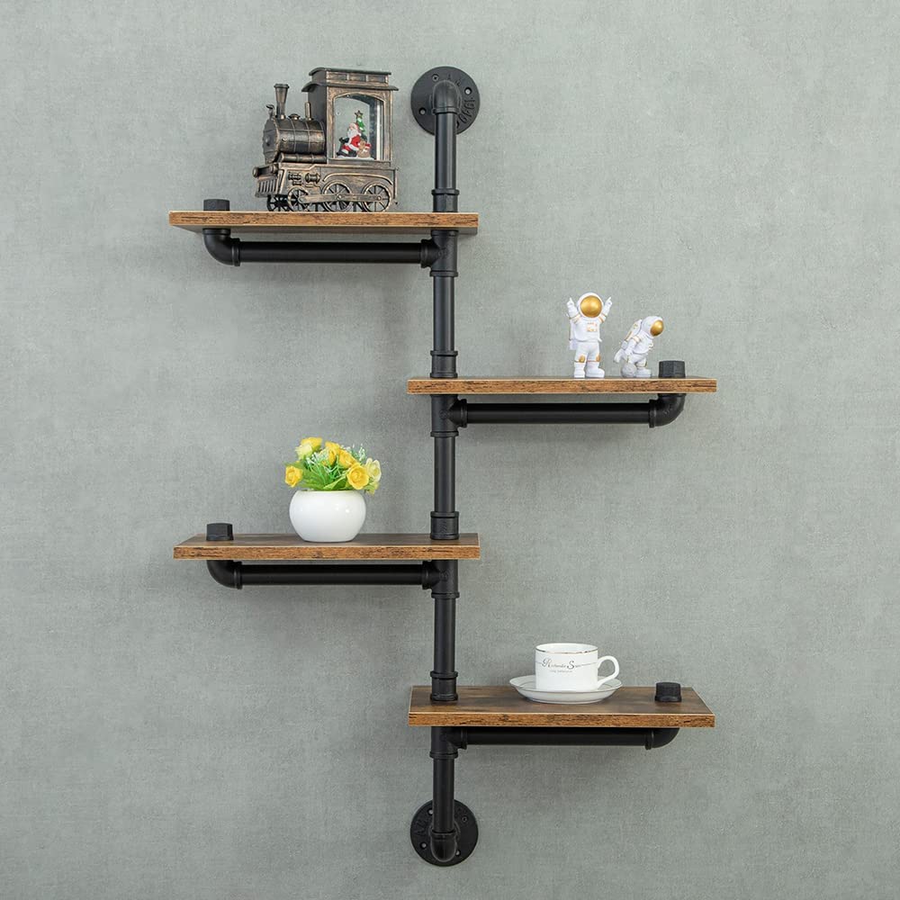 Industrial Pipe Shelving Kit with Wood Planks - Wall Mounted Floating Shelves for Kitchen, Bar, Living Room & Office - Rustic Corner Shelf for Home Decor & Storage