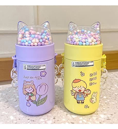 Sparkling Glitter Stainless Steel Water Bottle for Girls - 280ml Cat Sequins Lid with Crystal Strap, Insulated Thermos for School, Sports & Outdoor Activities - Perfect Birthday Gift for Kids (Yellow)