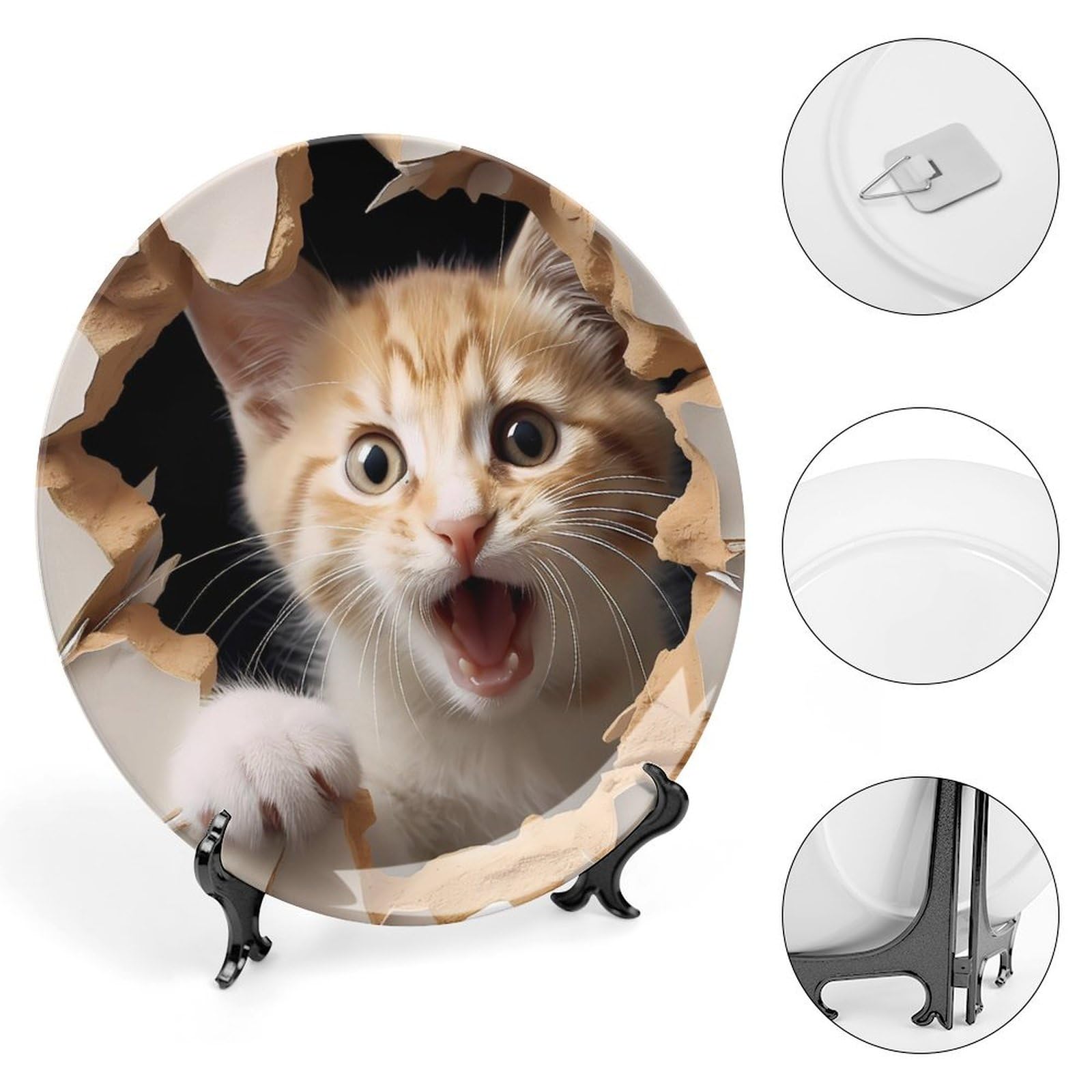 Cat in The Hole Ceramic Decorative Plates - Elegant Display Ornaments & Dinner Plates with Stand for Kitchen & Home Decor - Perfect for Dining, Gift Giving, and Wall Display