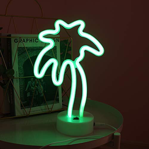 FuChsun Neon Signs - Green Coconut Palm Tree LED Marquee Light with Battery & USB Power - Tropical Room Decor, Desk Decoration for Beach Party, Tiki Bar & Summer Vibes