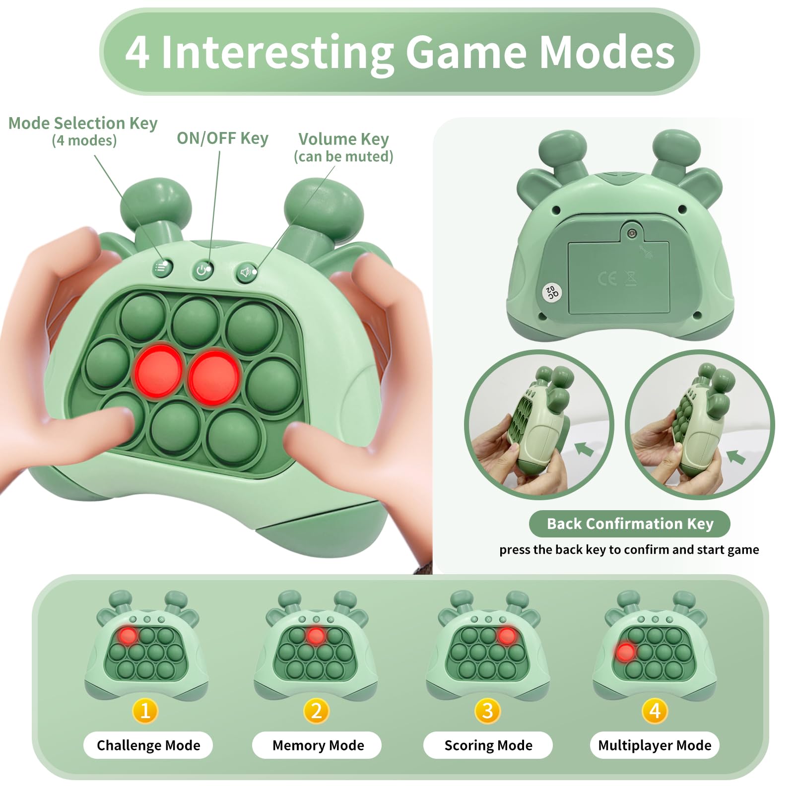LED Push Pop Fidget Toy - Handheld Puzzle Game for Kids & Adults - Stress Relief & Focus Aid - Green Deer Design