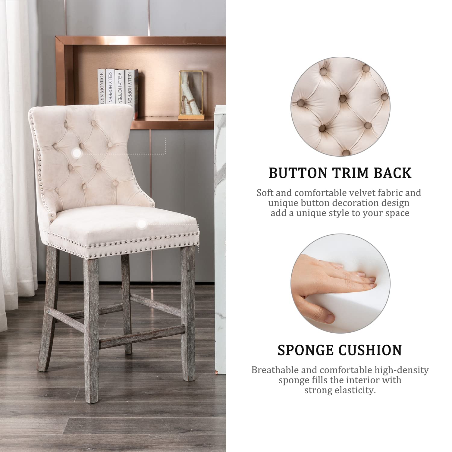 Kiztir Velvet Bar Stools Set of 2 - 27