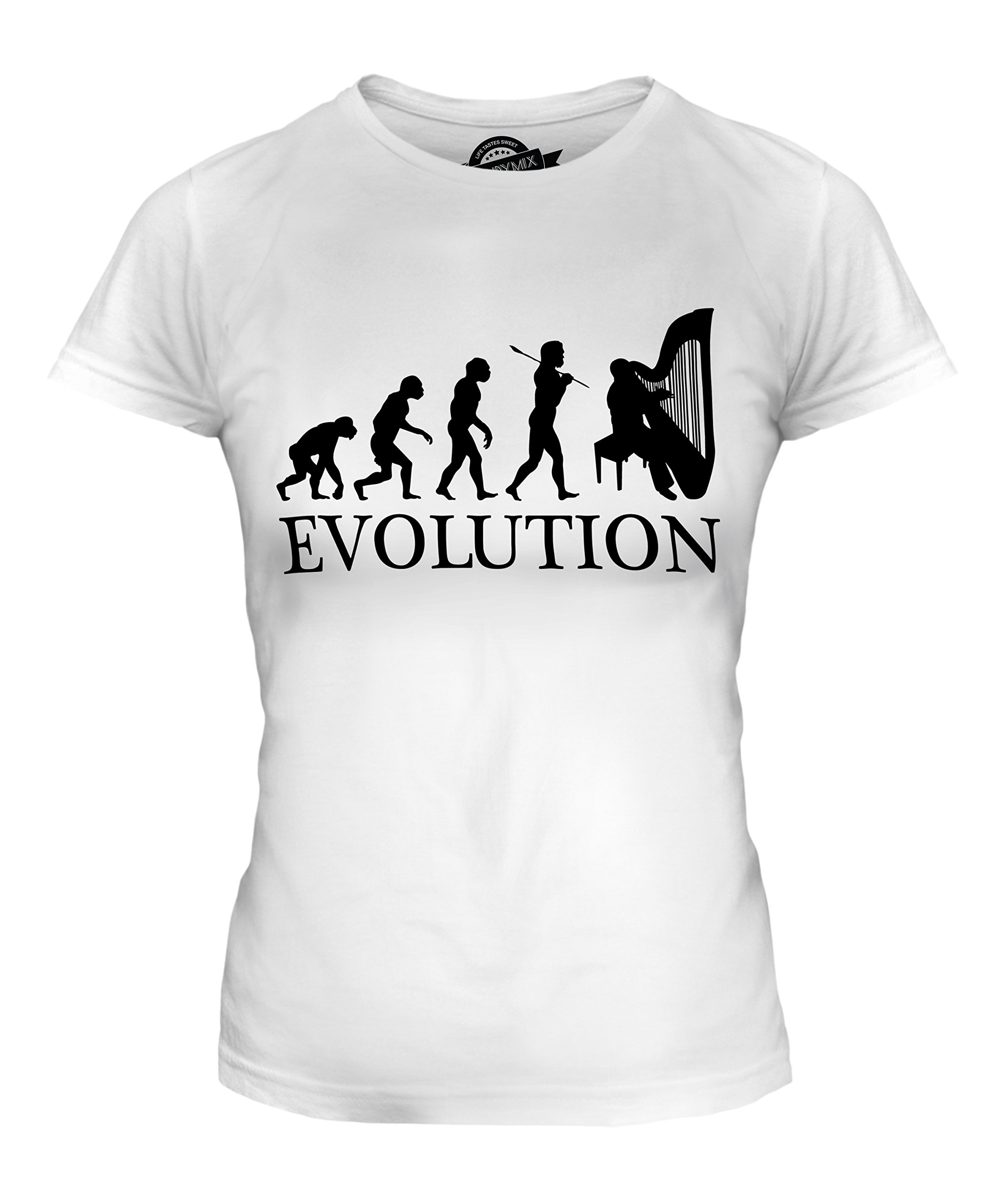 Women's Harp Player Evolution of Man Graphic Fitted T-Shirt - Vintage Music Lover Tee for Concerts & Casual Wear
