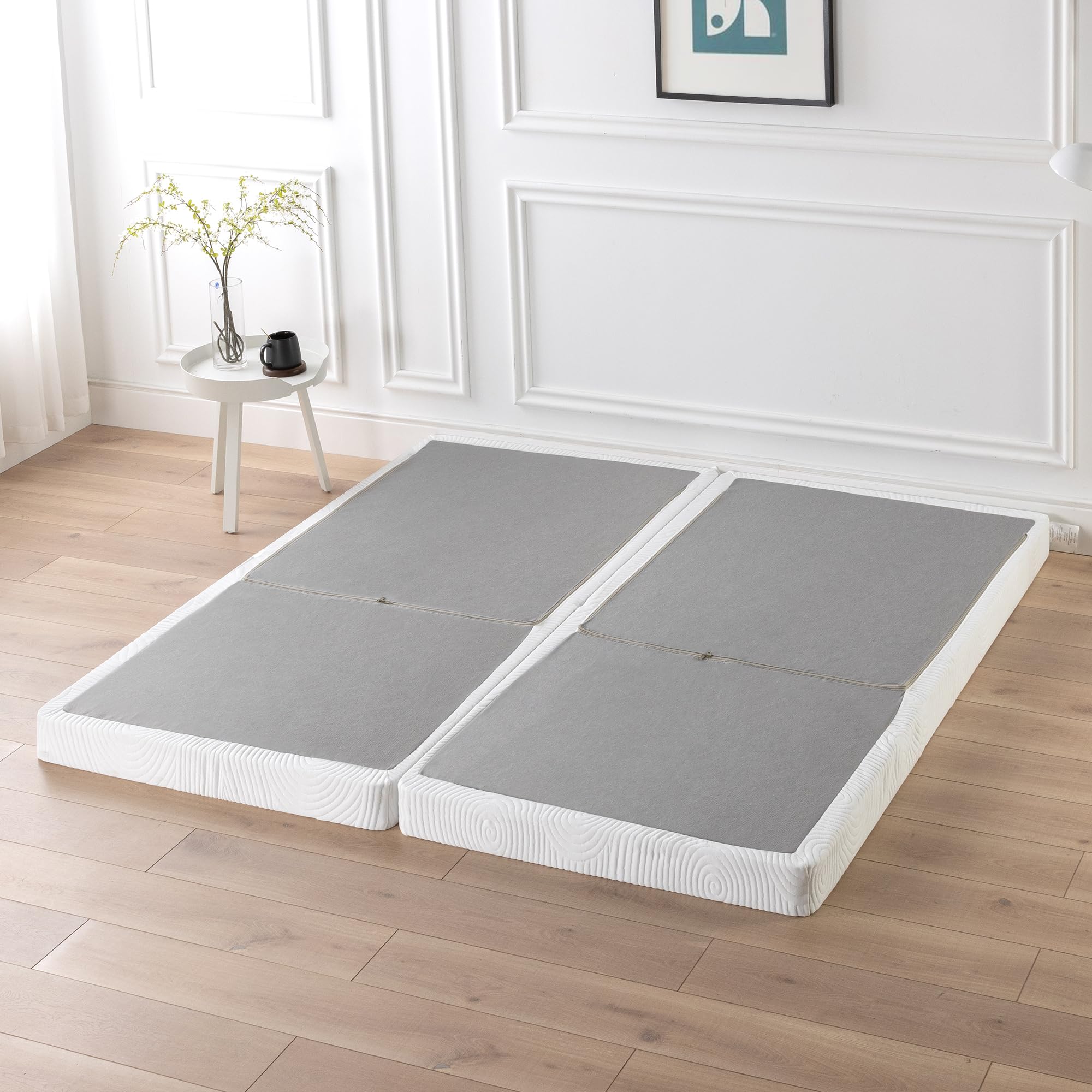 ZINUS 4 Inch Box Spring with Cover - No Assembly Mattress Foundation with Sturdy Metal Structure - Split Cal King Size in White | Perfect for Bedroom, Guest Room & Dormitory Use