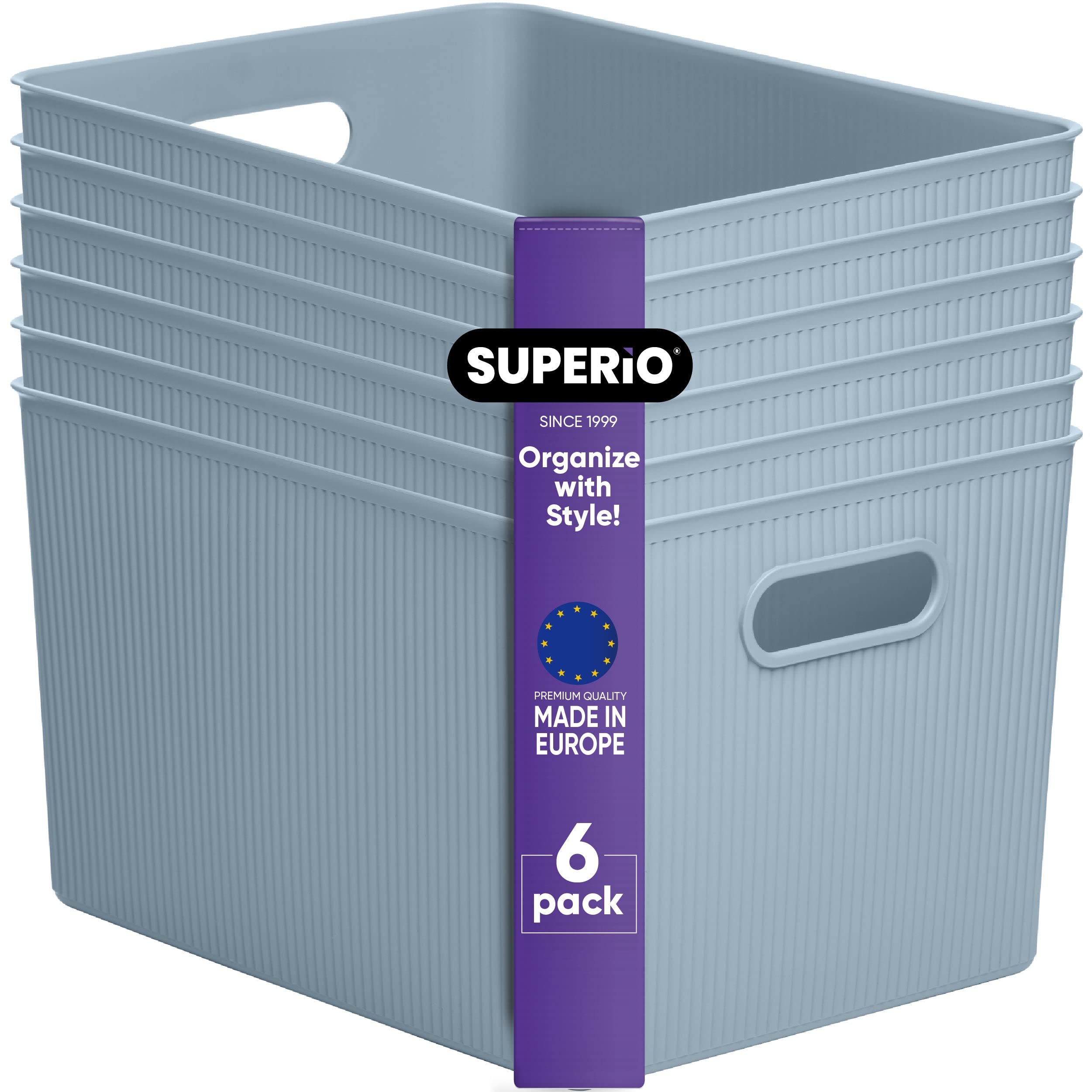Superio Ribbed Collection - Decorative Plastic Open Storage Bins (6-Pack, X-Large Blue) 22L/23Qt Organizer Baskets for Closet, Shelf & Drawer Organization | Perfect for Home, Office & Kids Room Storage Solutions