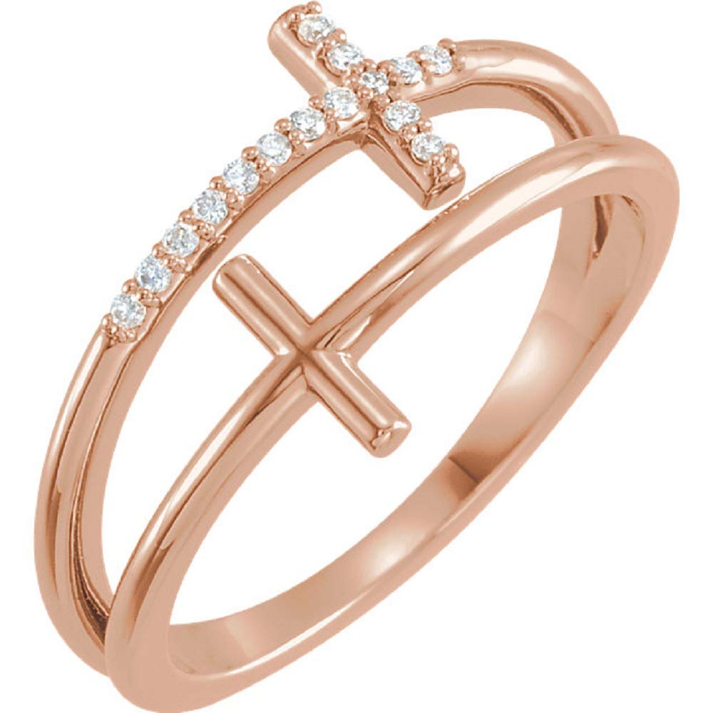 14K Rose Gold 0.06 CTW Diamond Sideways Cross Ring for Women - Elegant Religious Jewelry Gift for Christmas, Baptism & Special Occasions