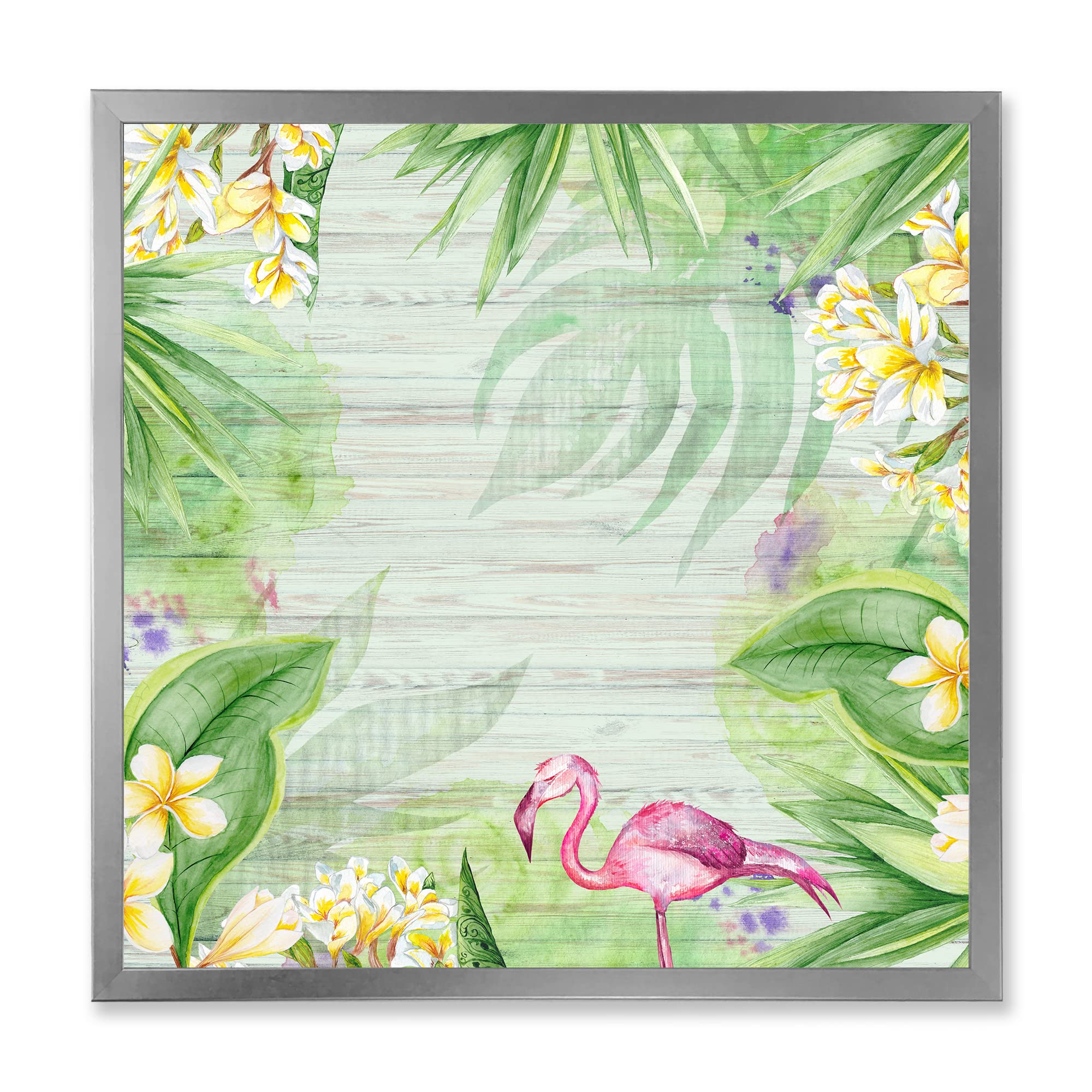DesignQ Tropical Foliage Wall Art - Yellow Flowers & Flamingo Modern Framed Canvas Print - Perfect for Living Room, Bedroom & Office Decor