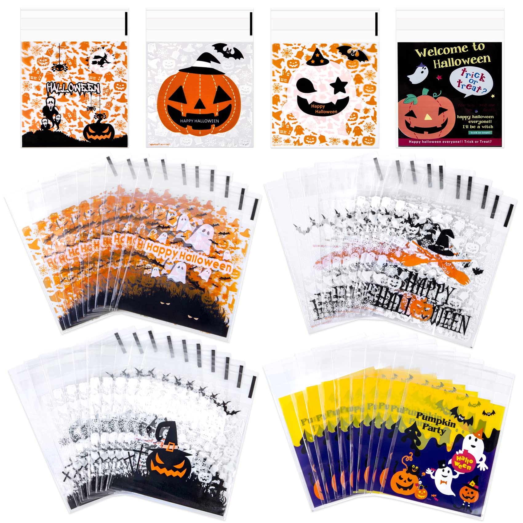 Hibery 200 Pcs Halloween Candy Bags - Self Adhesive Clear Treat Bags with 8 Styles for Halloween Party Favors, Decorations & Supplies | Perfect for Trick or Treat, Classroom Treats & Halloween Party Favors