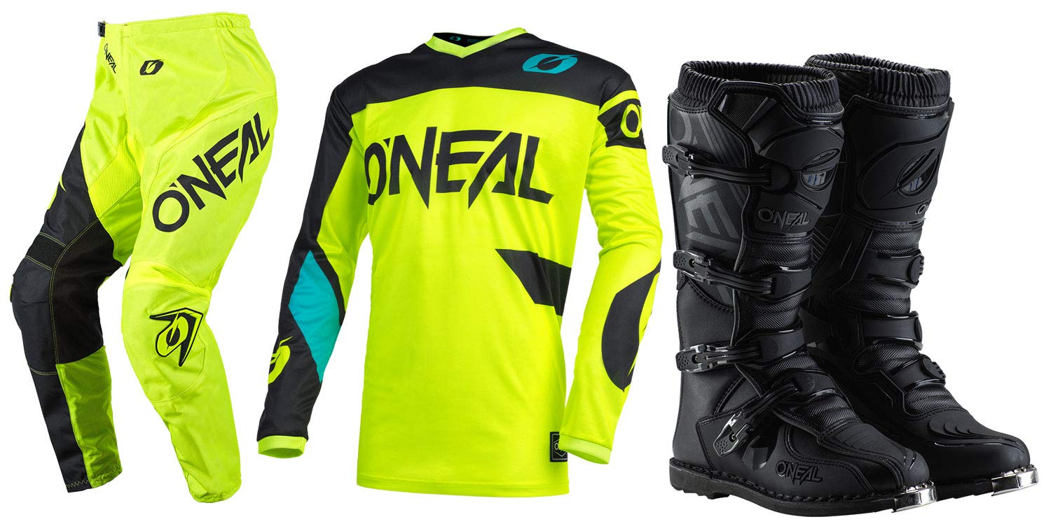 Oneal Element Racewear Black/Neon Jersey Pant Boots Combo (MD/W30/Boot 7) - Dirt Bike Motocross Gear for Off-Road Racing & MX Training