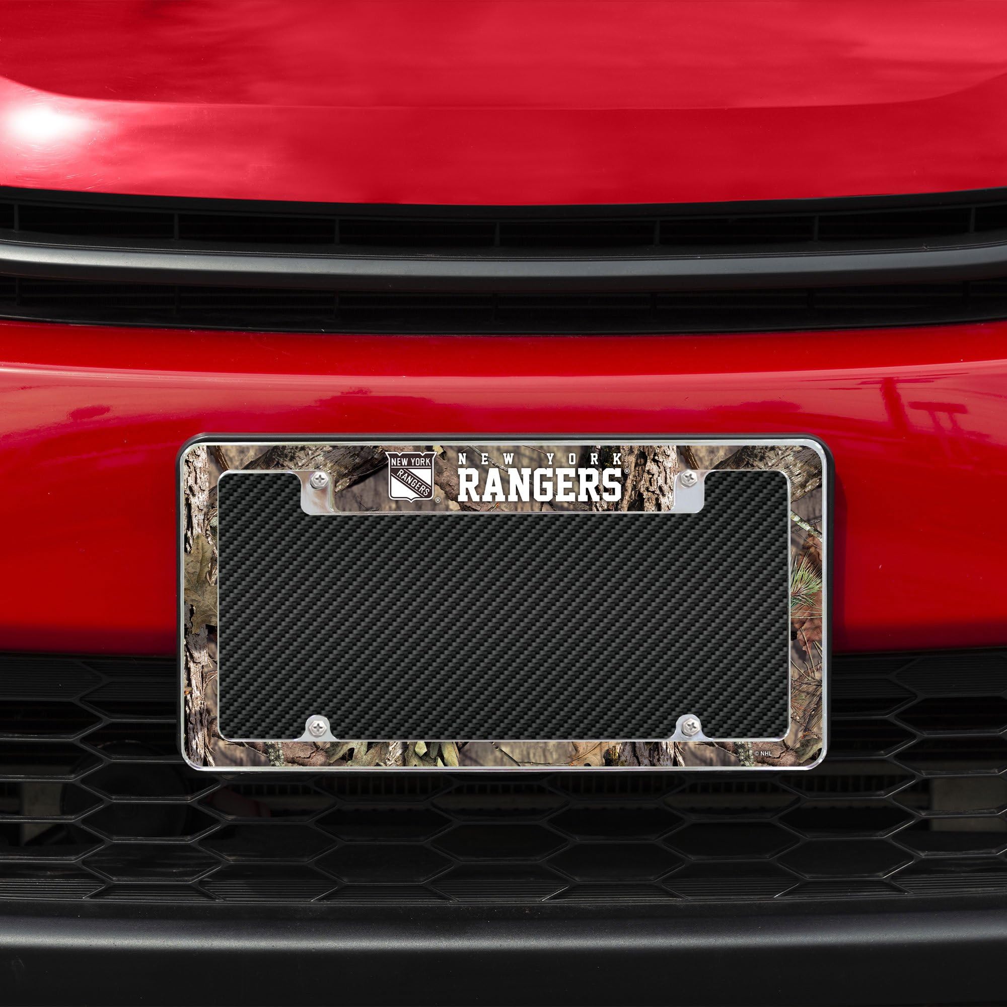 New York Rangers Chrome Metal License Plate Frames (Set of 2) - Mossy Oak Camouflage Design for Cars & Trucks - Perfect for Rangers Fans & Outdoor Enthusiasts