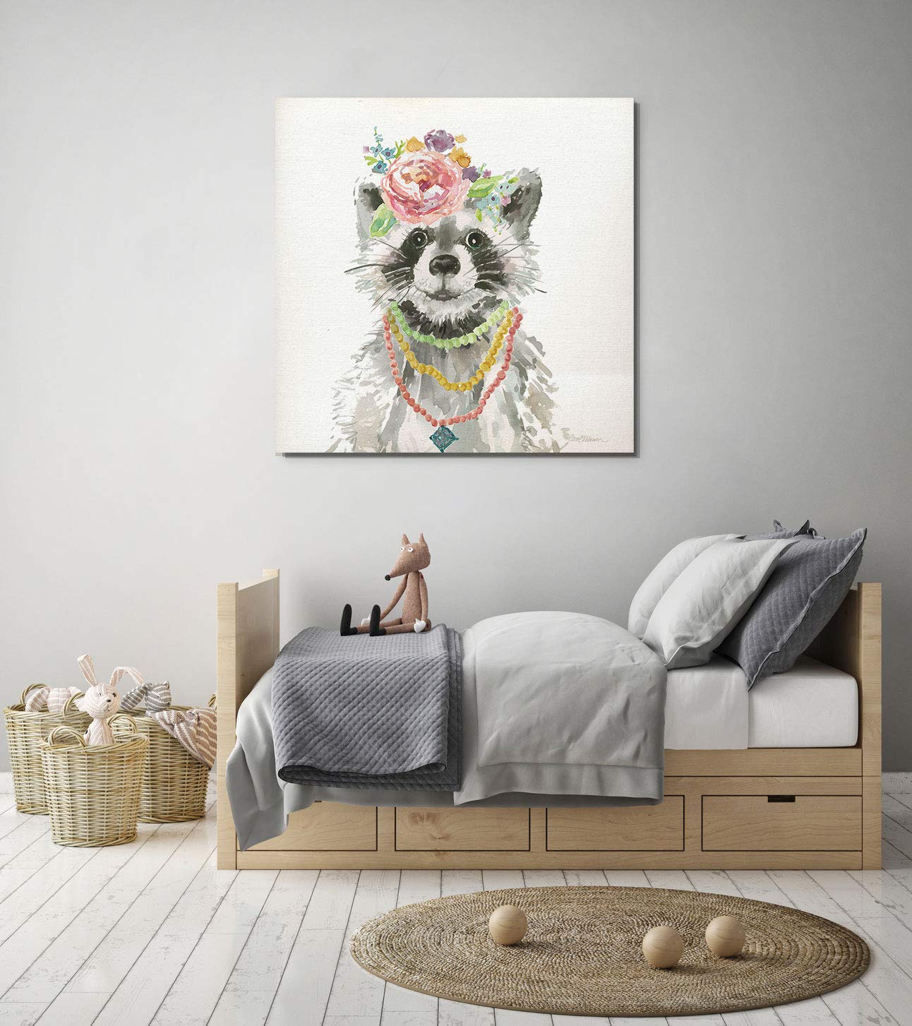 Glamour Girls Raccoon Wall Art - 16x16 Inch Nursery Decor, Kids Room & Playroom Animal Themed Painting - Perfect for Baby Shower Gifts & Children's Bedroom Decoration