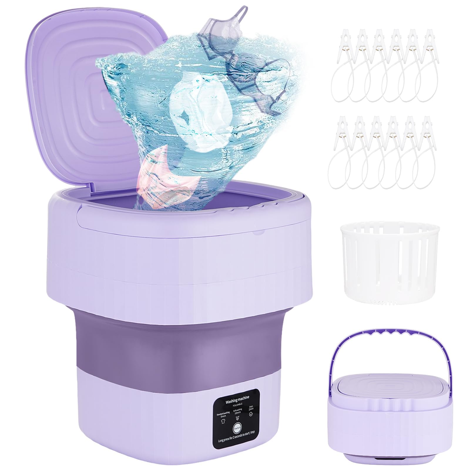 9L Portable Mini Washing Machine & Dryer Combo - Compact Foldable Design with Clip for Underwear, Baby Clothes, Small Laundry - Perfect for Apartments, Dorms, RV, Travel & Camping (Purple)