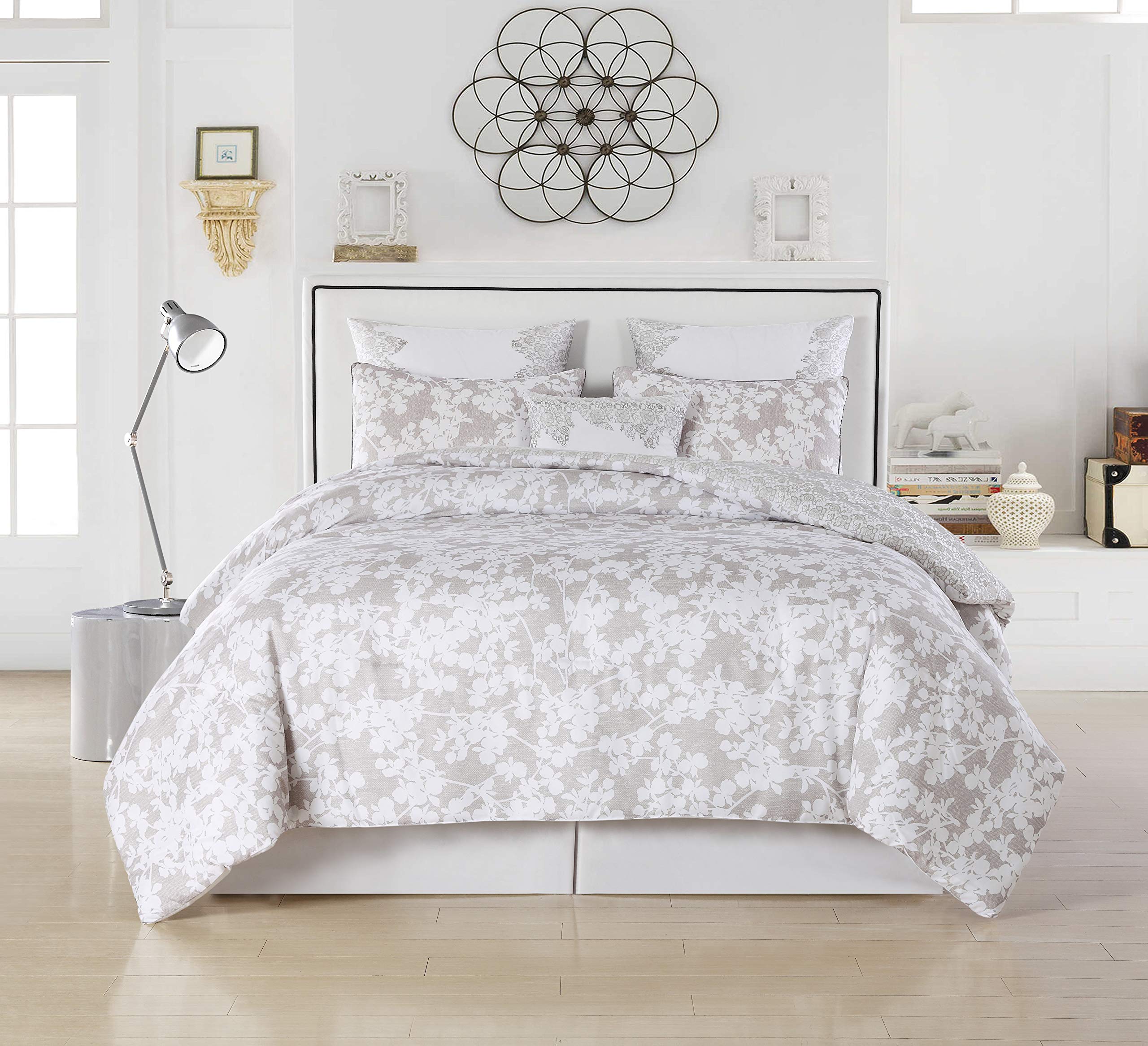 Kensie Ainna Floral Print Comforter Set Queen Size - Taupe Bedding Set with Matching Pillowcases - Perfect for Master Bedroom, Guest Room & Cozy Home Decor