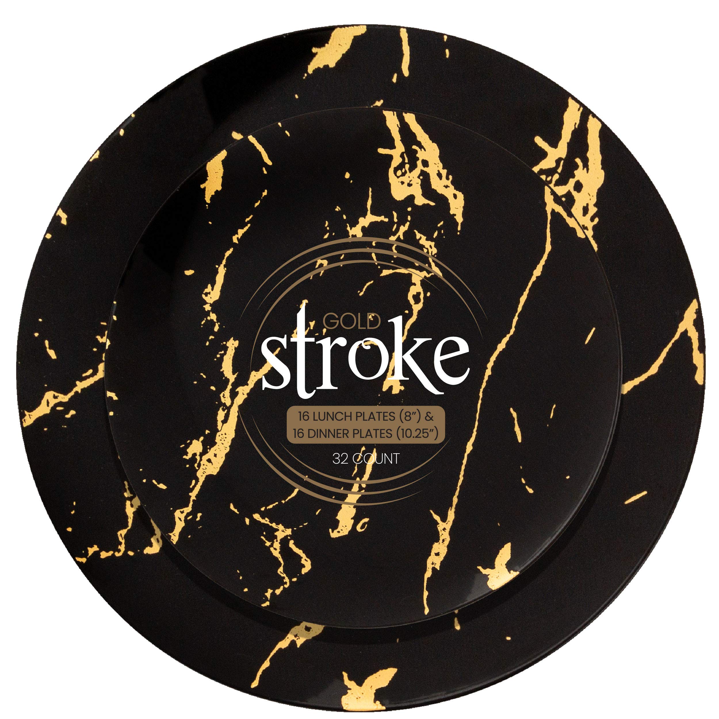 Plasticpro 32-Piece Combo Plate Set - 16 Black 7-Inch Appetizer Plates & 16 Gold-Trimmed 10-Inch Dinner Plates | Heavyweight Disposable Plastic Plates for Elegant Parties, Weddings, and Events