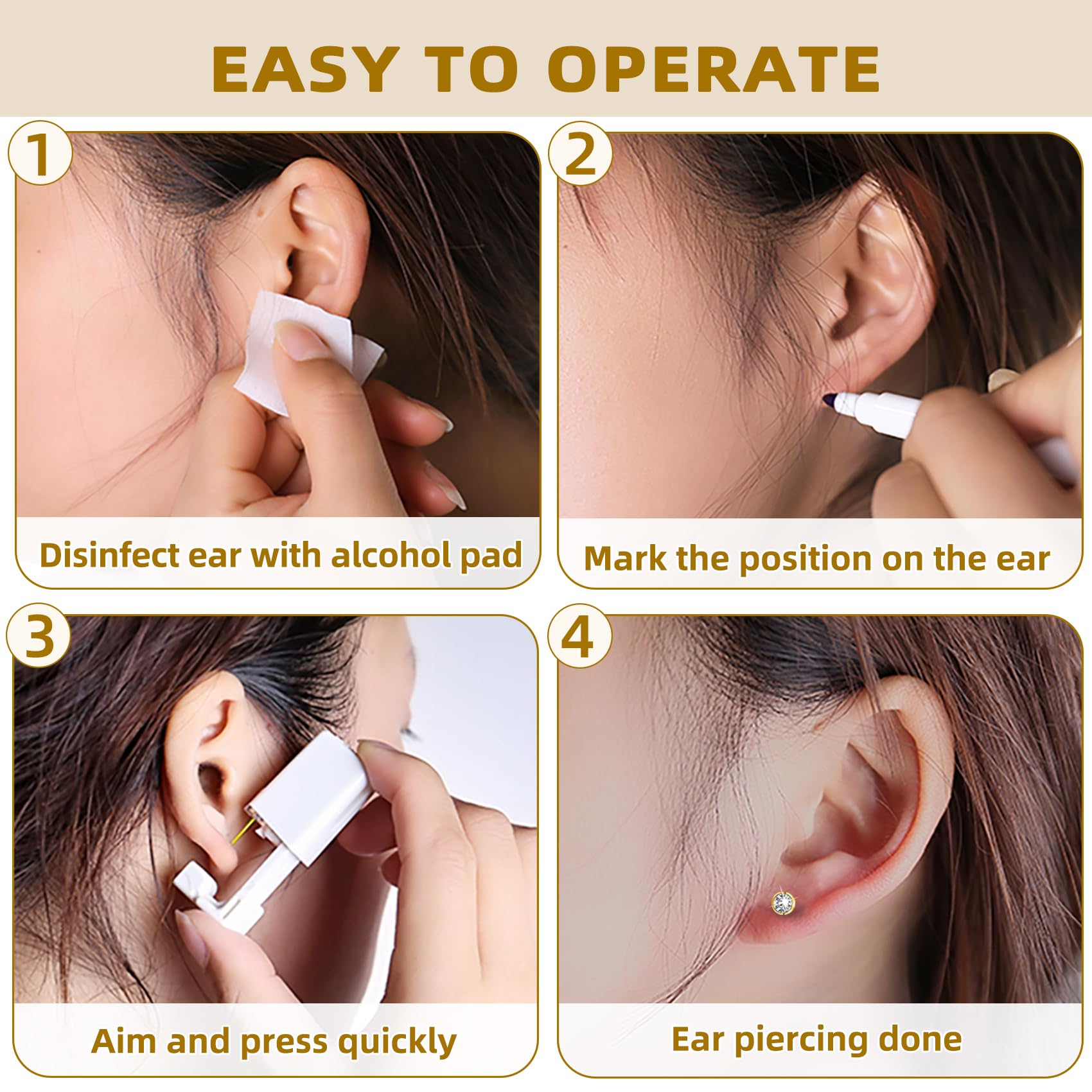 24 Pcs Disposable Ear Piercing Kit with 8 Self-Piercing Guns & 8 Cubic Zirconia Stud Earrings - Safe & Easy Home Ear Piercer Tool for Adults & Teens (Gold) | Perfect for DIY Ear Piercing, Gifts & First-Time Users