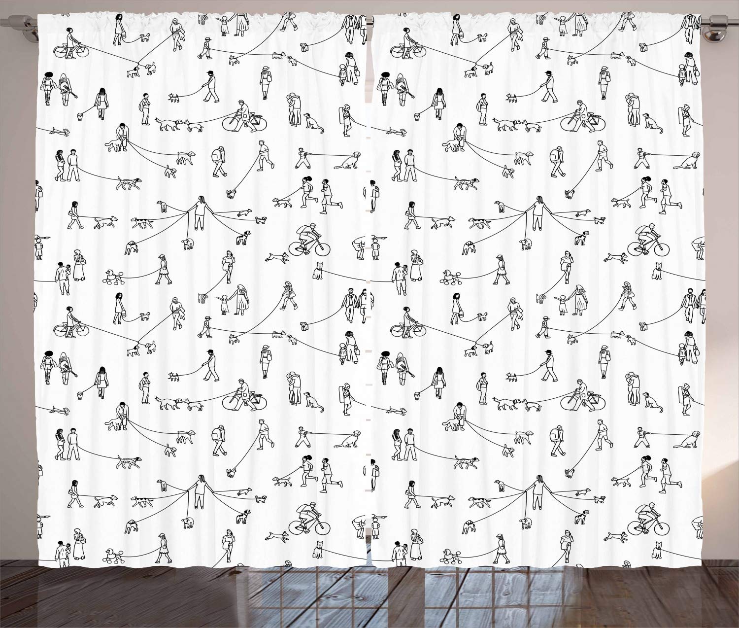 Ambesonne Black and White Dog Walking Park Scene Curtains - 2 Panel Set, 108
