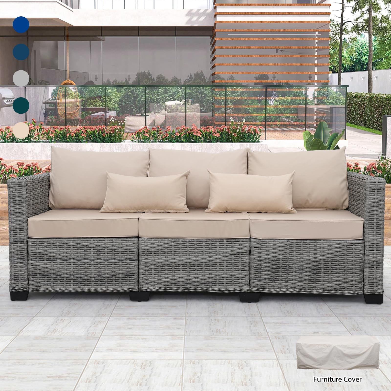 Rattaner 3-Seat Patio Sofa Set - Grey Wicker Outdoor Couch with Deep Seat & High Backrest, Waterproof Cover & Anti-Slip Khaki Cushions - Perfect for Garden, Poolside, and Backyard Relaxation