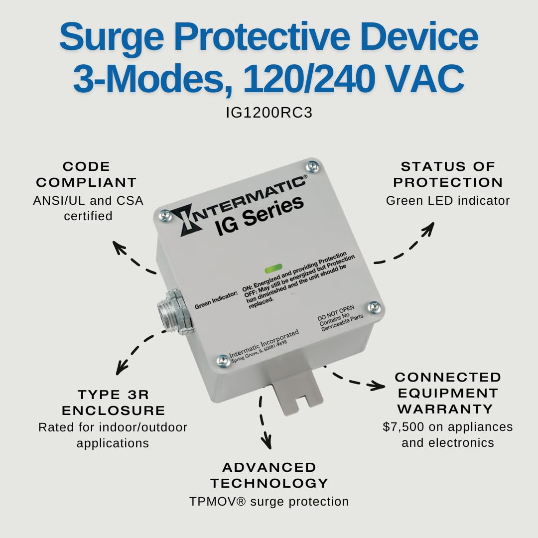 Intermatic IG1200RC3 Whole House Surge Protector - Safeguard Your Home Appliances & Electronics from Power Surges | Ideal for Residential & Commercial Use