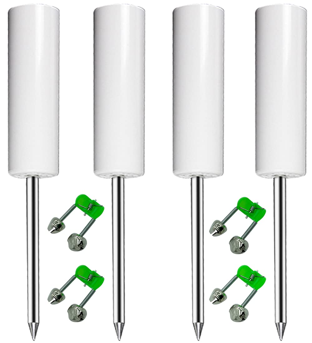 4 Pack Heavy Duty PVC Fishing Rod Holders - Bank & Beach Fishing Pole Stand with 4 Free Alarm Bells - Perfect for Shoreline, Pier, and Surf Fishing Accessories