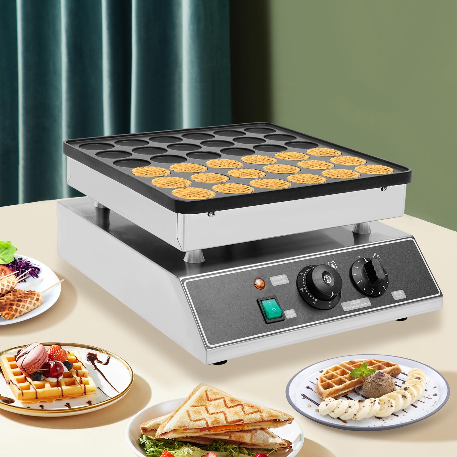 Commercial Electric Dutch Pancake Baker Maker - 36Pcs Nonstick Mini Waffle Maker, Stainless Steel for Restaurants, Cafes & Shops - Perfect for Breakfast Buffets, Brunch Catering and Coffee Shop Menus