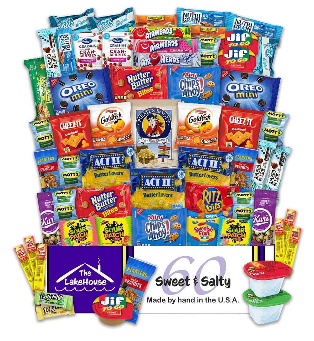 60-Count Sweet & Salty Snack Variety Pack - Perfect for Adults, Kids, Students | Great for Care Packages, Office Snacks & College Treats | Ideal for Camping, Gifts & Daily Snacking | The LakeHouse Premium Snack Collection
